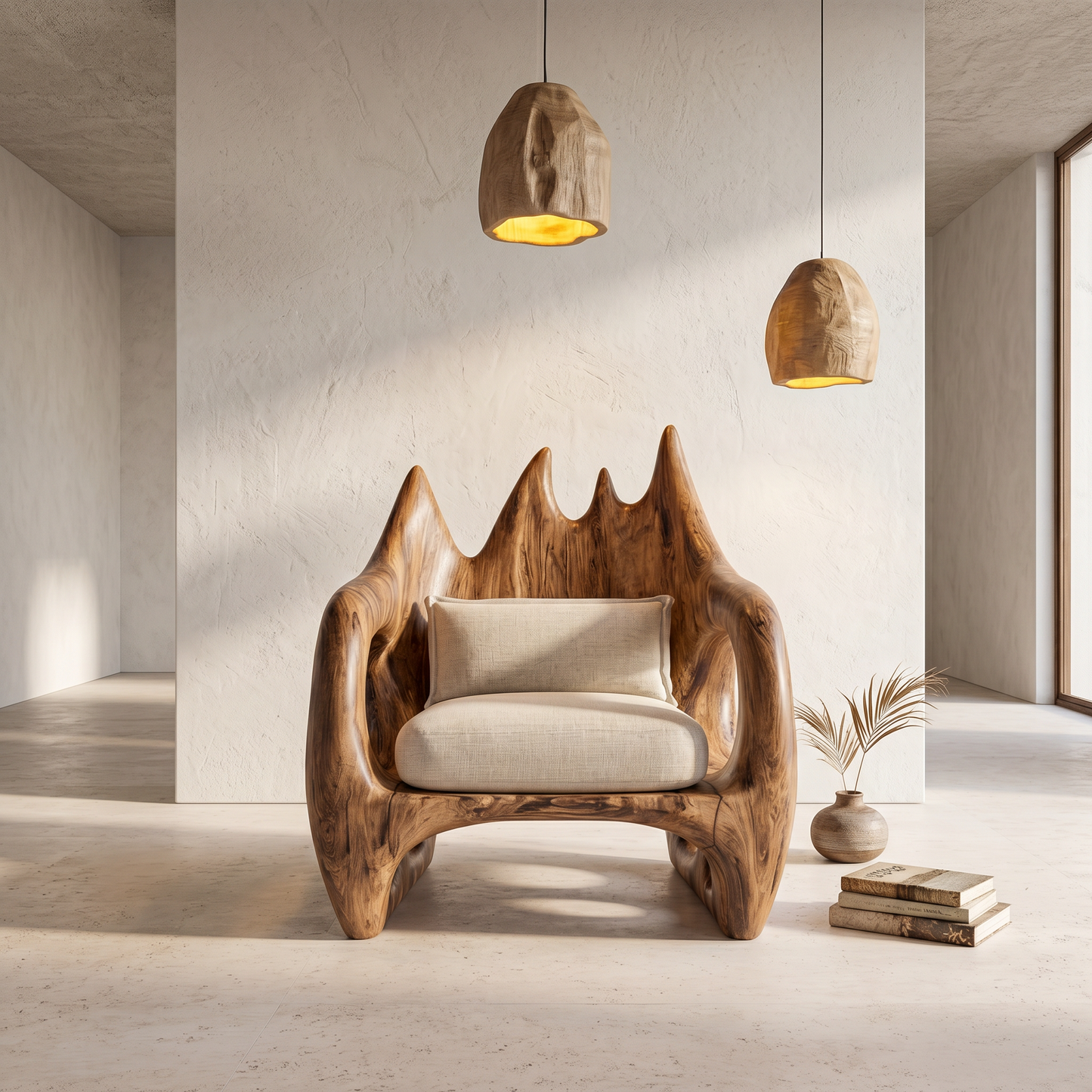 Statement Wooden Armchair With Nature Inspired Design For Reading Nook