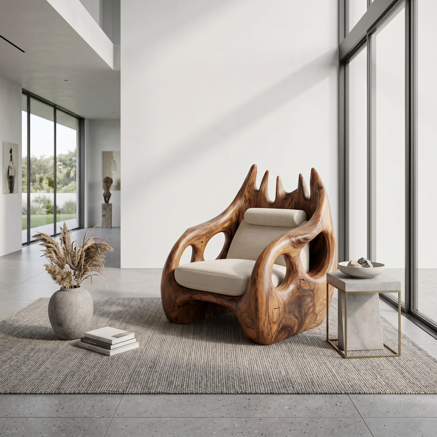 Nature Inspired Armchair With Handcrafted Wooden Structure For Living Room