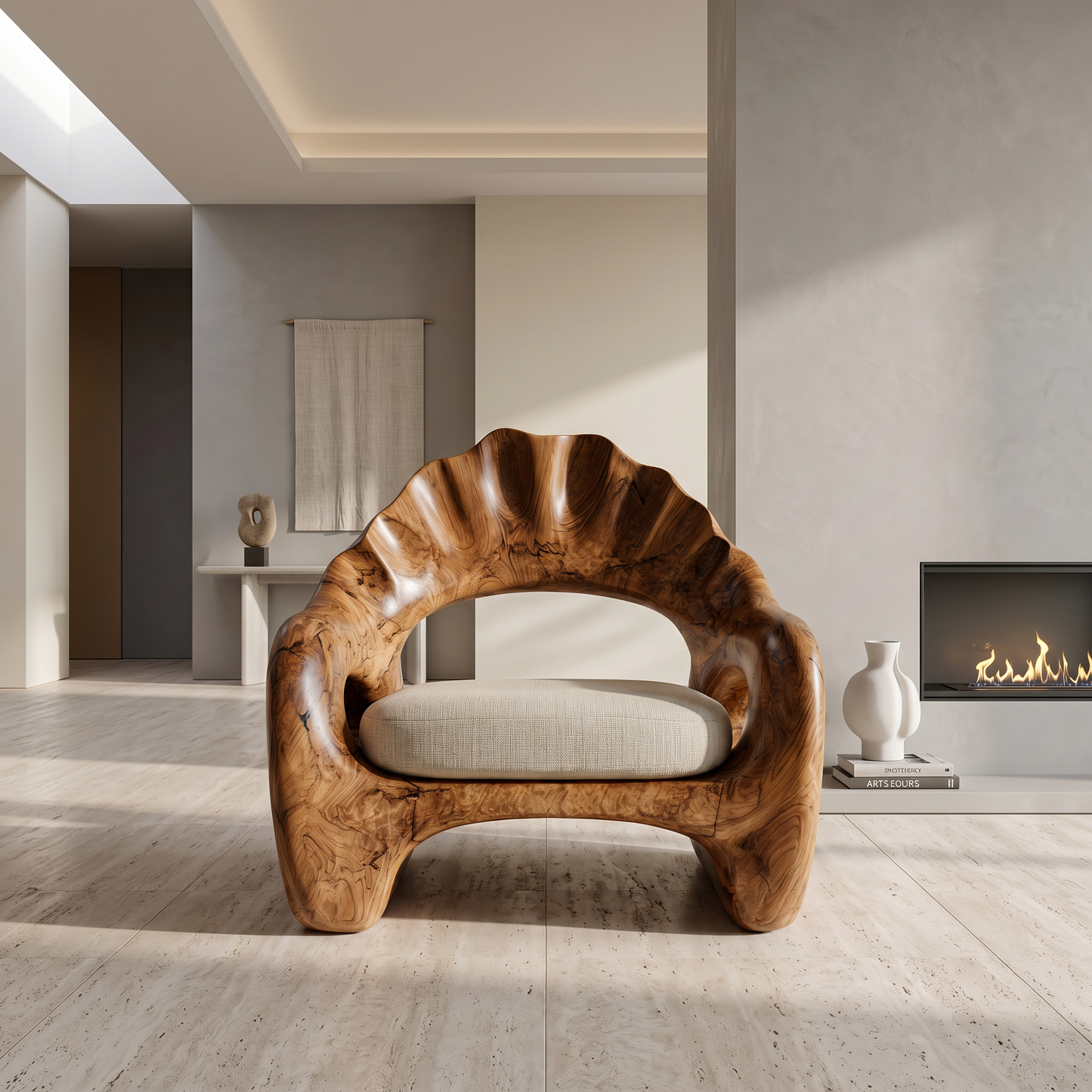 Sculptural Lounge Chair With Handcrafted Wooden Structure For Living Room