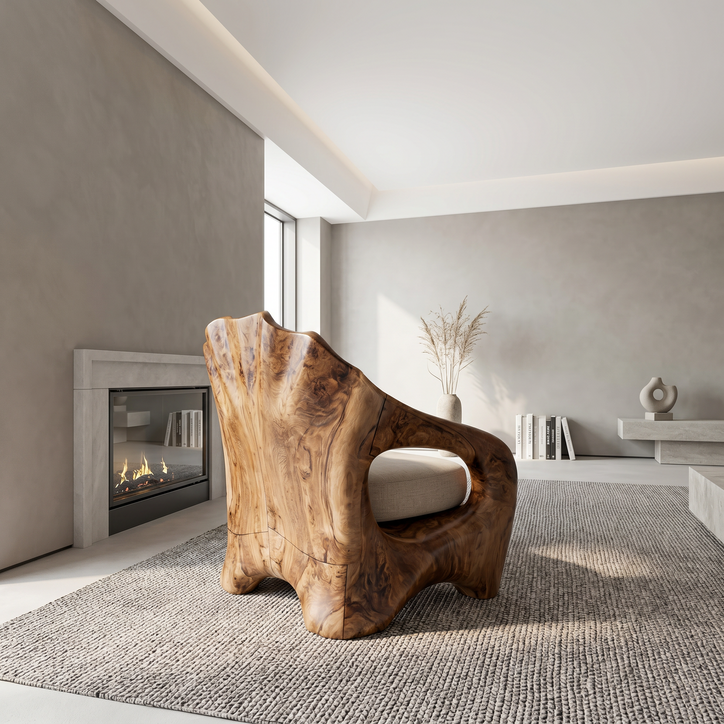 Nature Inspired Armchair With Sculptural Solid Wood Frame For Living Room And Bedroom