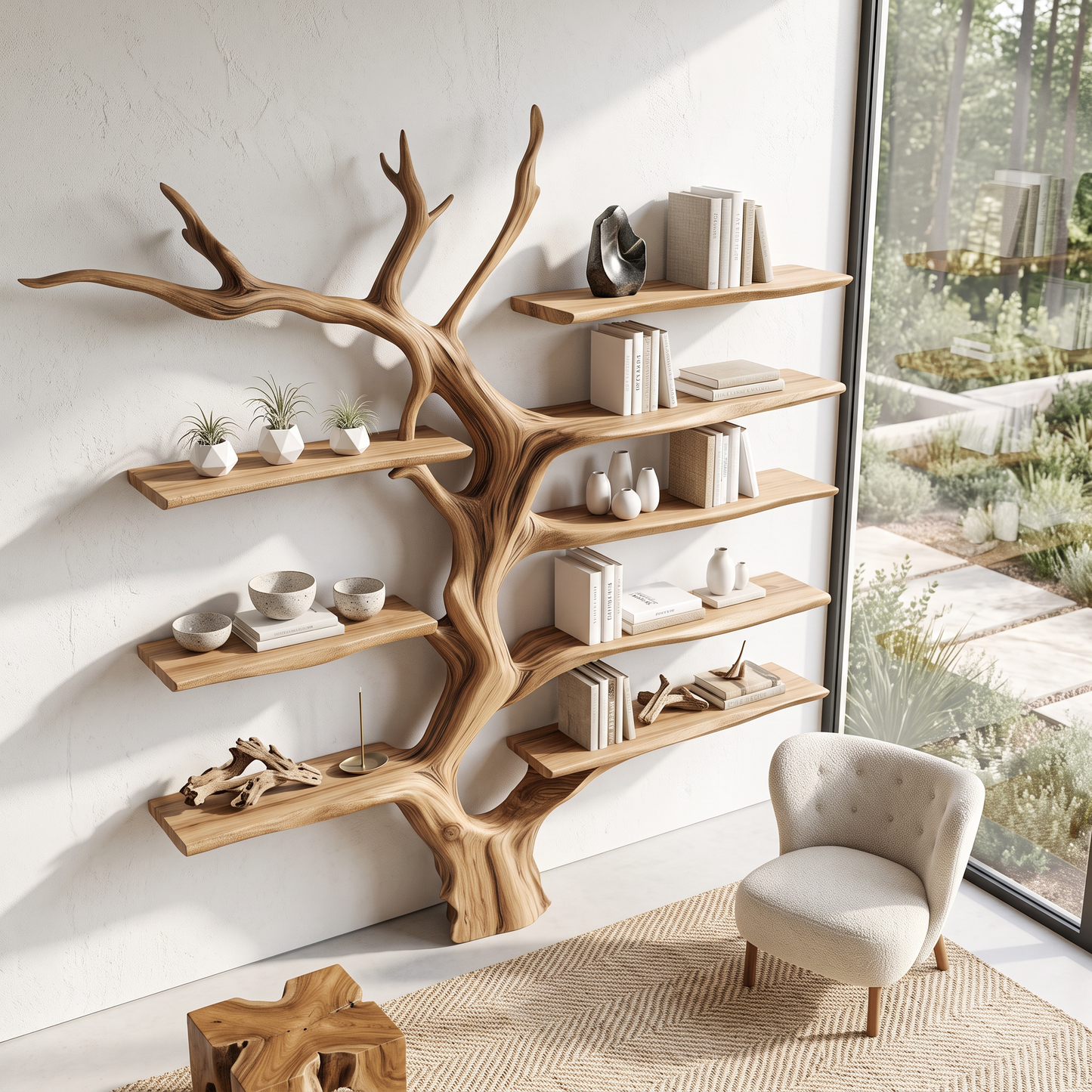 Sculptural Tree Bookcase Artistic Wooden Wall Shelf