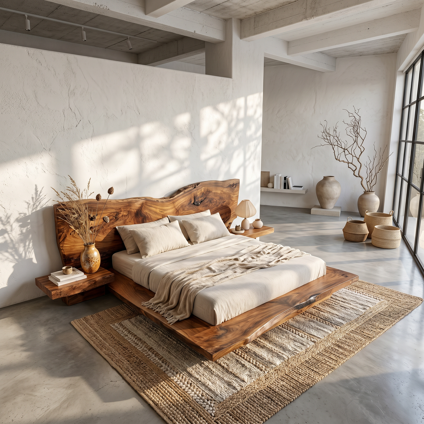 Rustic Live Edge Bed Frame With Sculptural Headboard For Bedroom