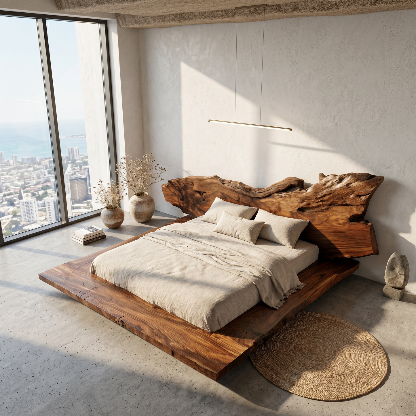Modern Bed Frame With Live Edge Wood Headboard For Bedroom