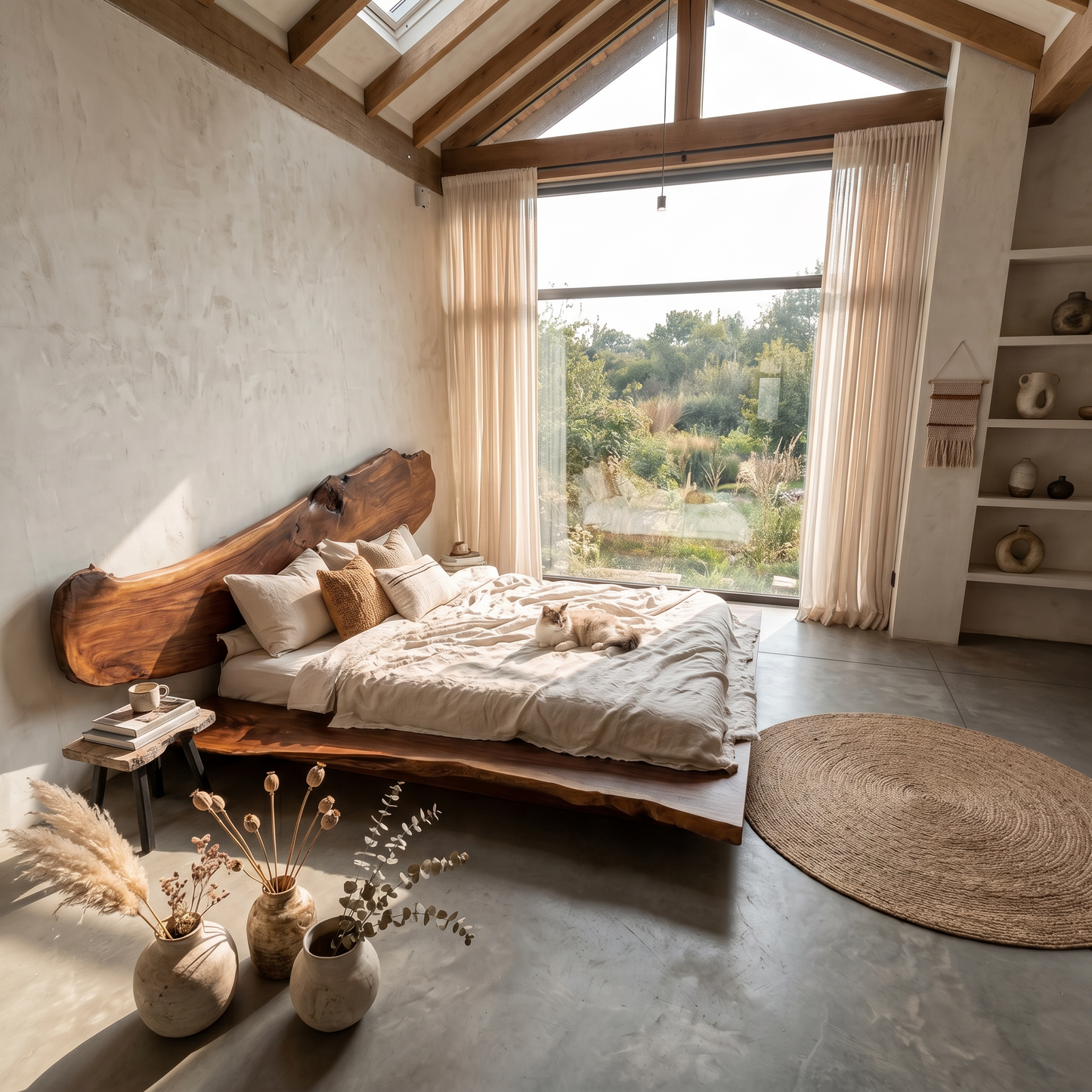 Luxury Organic Bed Frame With Sculptural Solid Wood Headboard And Floating Platform Design For Bedroom