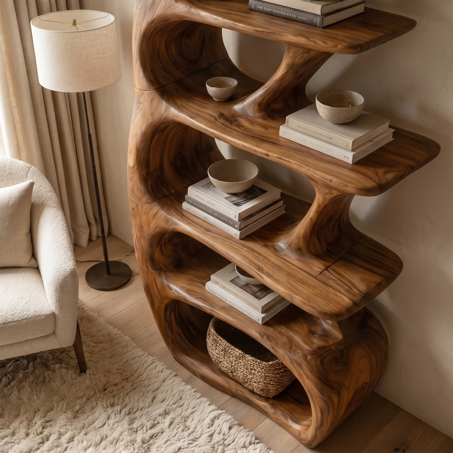 Sculptural Bookshelf With Tree Inspired Curved Shelves And Solid Wood Frame For Living Room