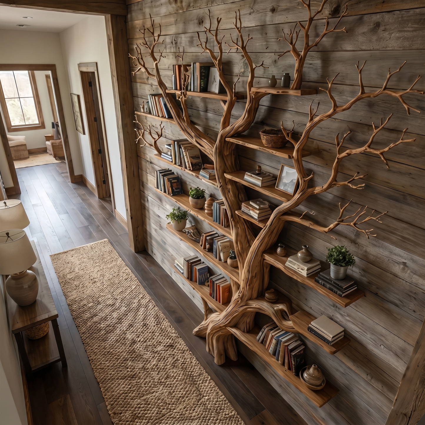 Rustic Tree Wall Bookshelf Living Guest Room