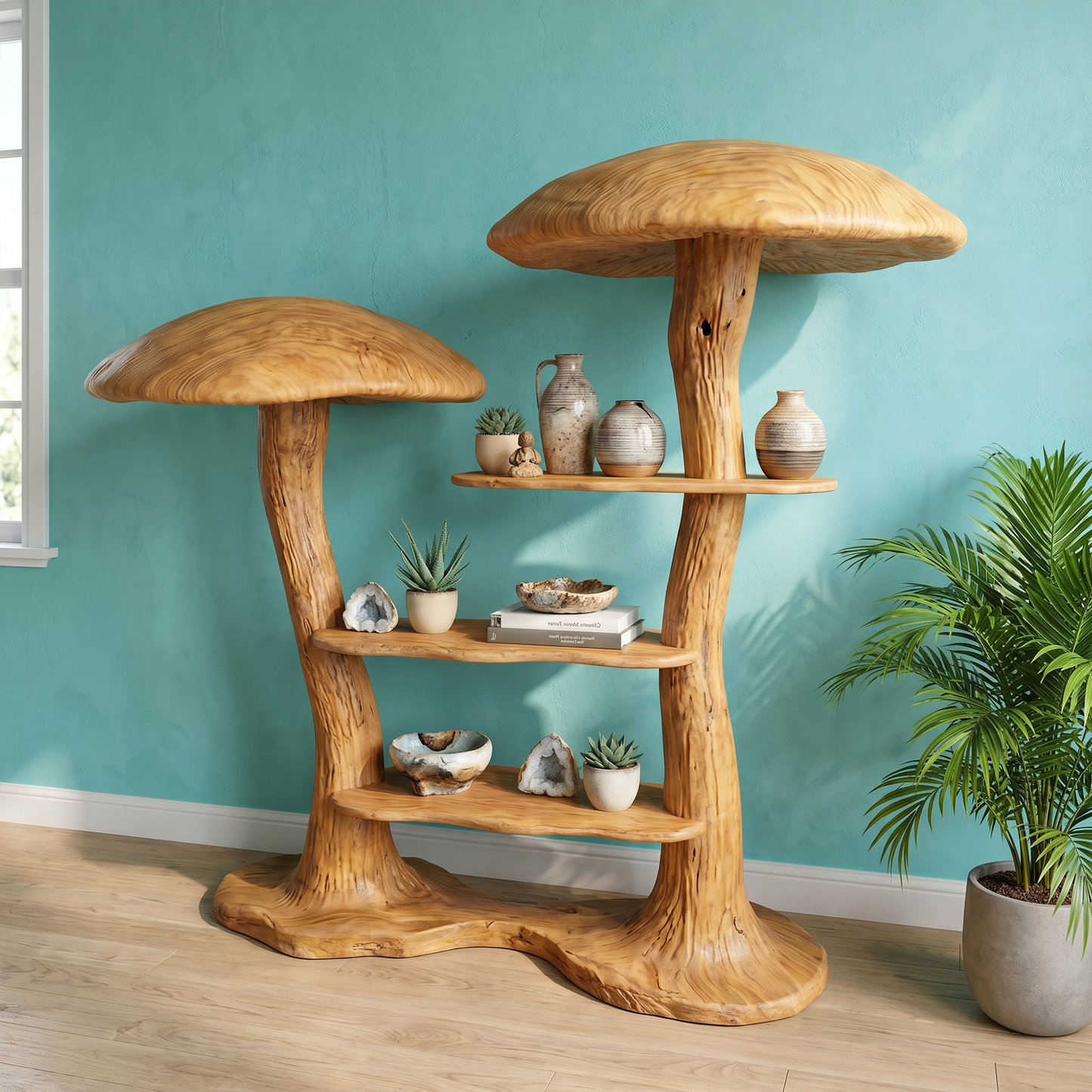 Organic Modern Mushroom Bookcase With Sculptural Solid Wood Form For Living Room
