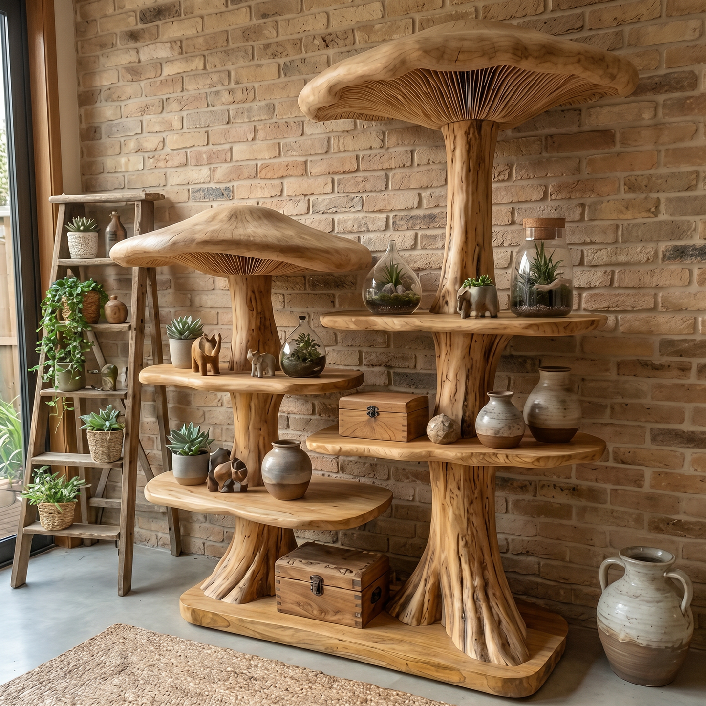 Mushroom Tree Bookshelf With Handcrafted Solid Wood Structure For Reading Corner