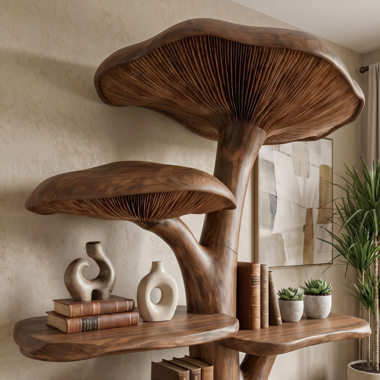 Organic Mushroom Shelf With Sculptural Solid Wood Form For Living Room