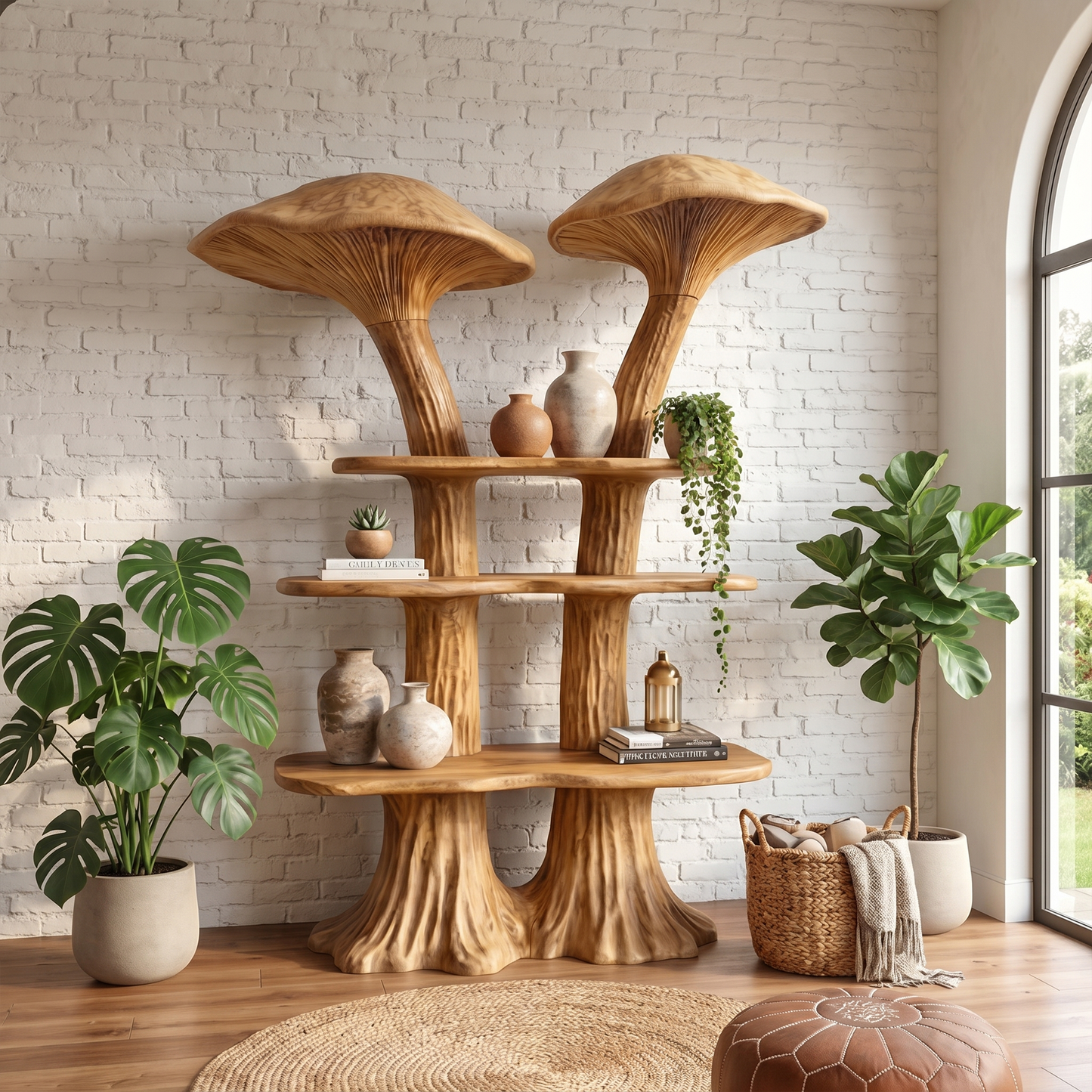 Rustic Mushroom Bookshelf With Handcrafted Solid Wood Shelves For Living Room