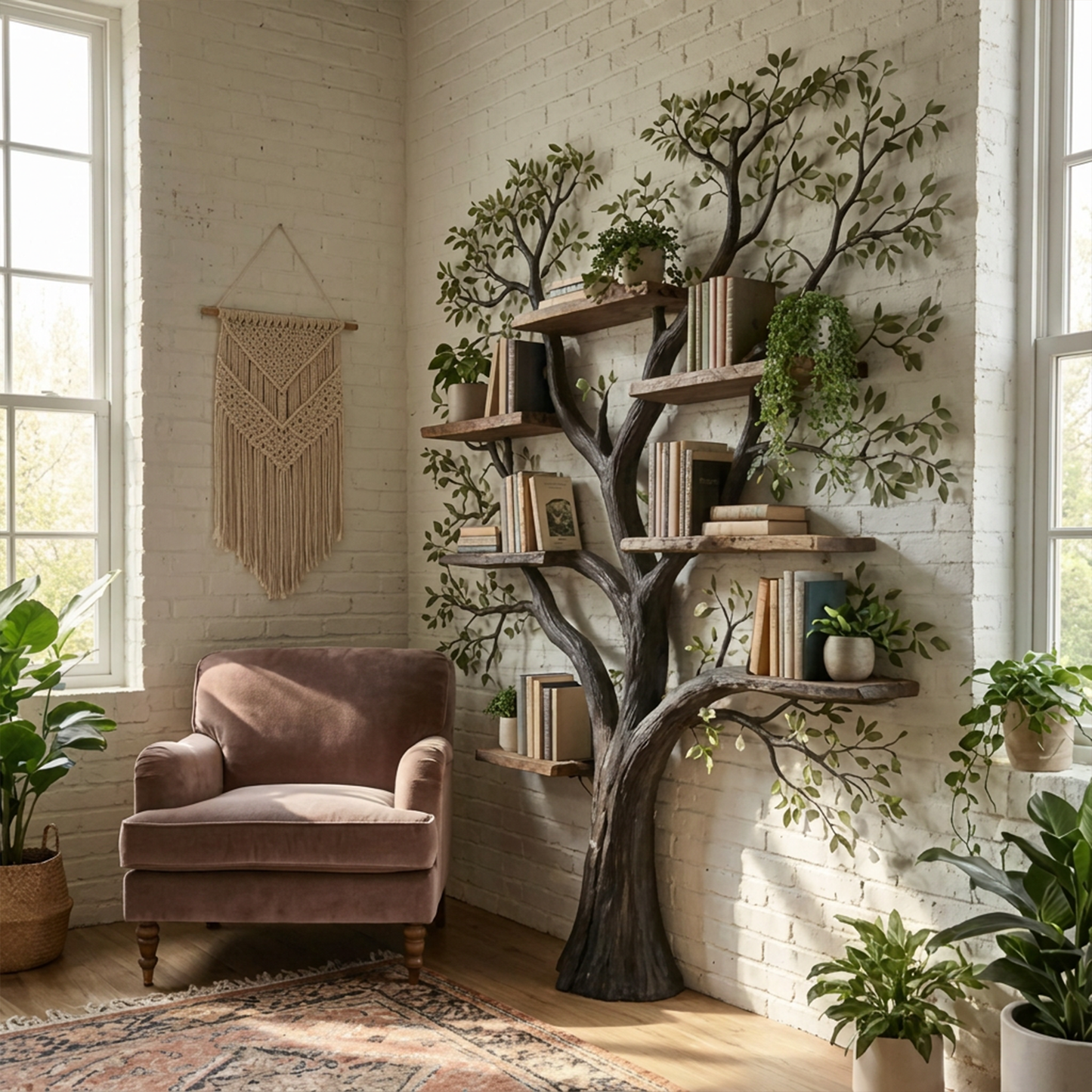Handcrafted Tree Storage Bookcase Living Room Interior Living Wall Feature