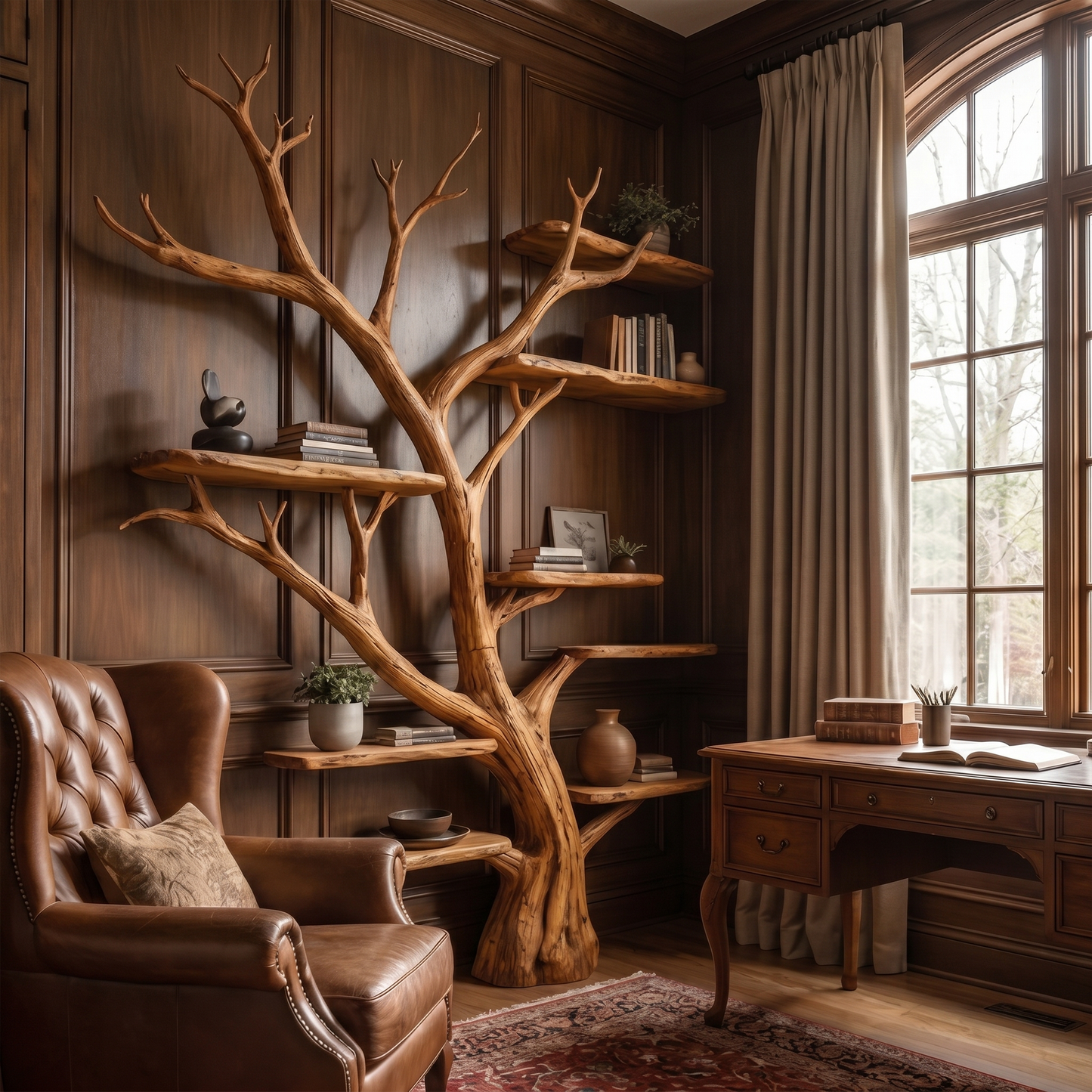 Rustic Tree Wall Bookshelf Entryway Study