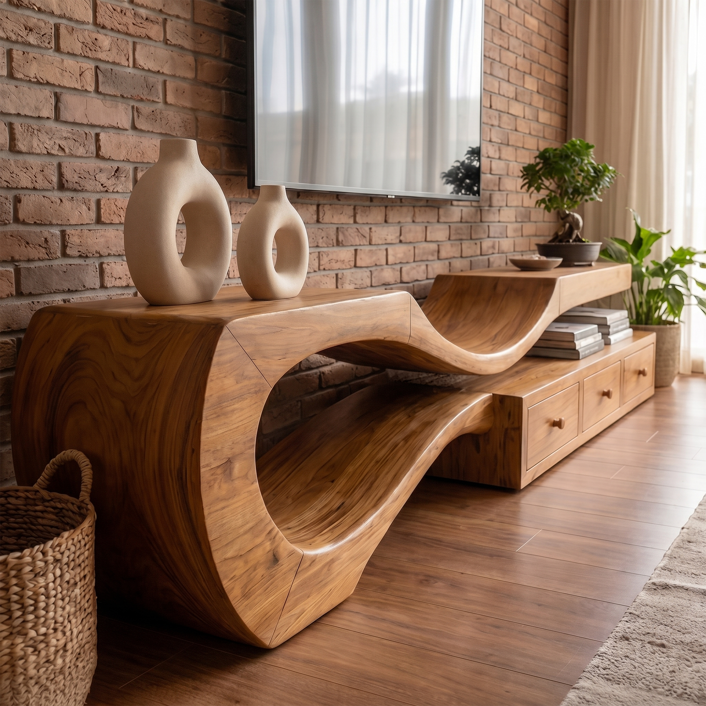 Modern TV Cabinet With Sculptural Curved Wood Base And Built In Storage Drawers For Living Room