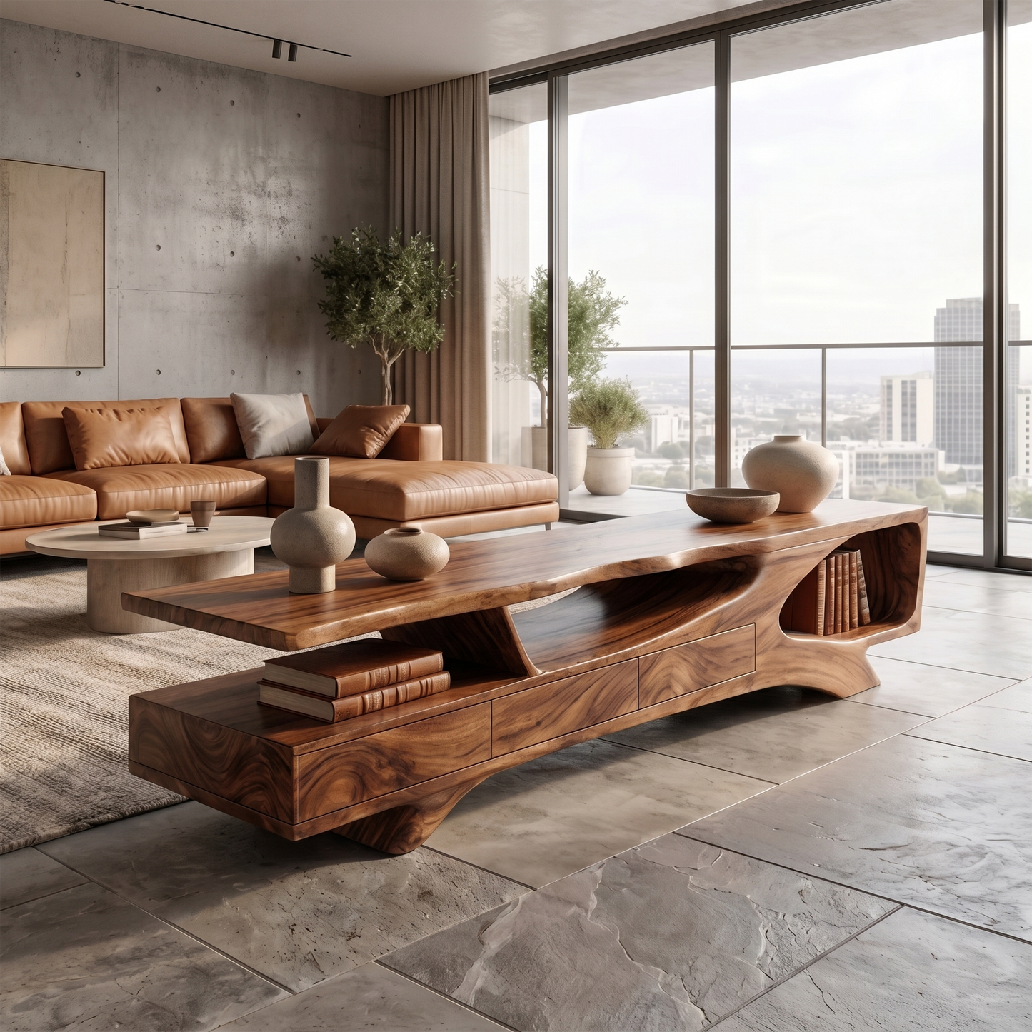 Rustic Organic TV Cabinet With Sculptural Solid Wood Base For Living Room
