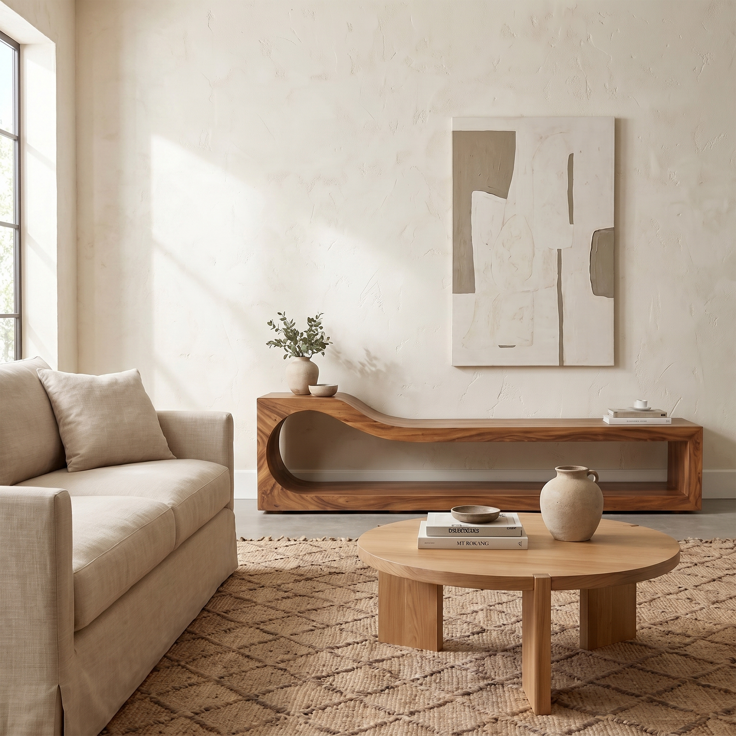 Organic TV Cabinet With Sculptural Wave Wood Base And Solid Wood Media Console For Living Room