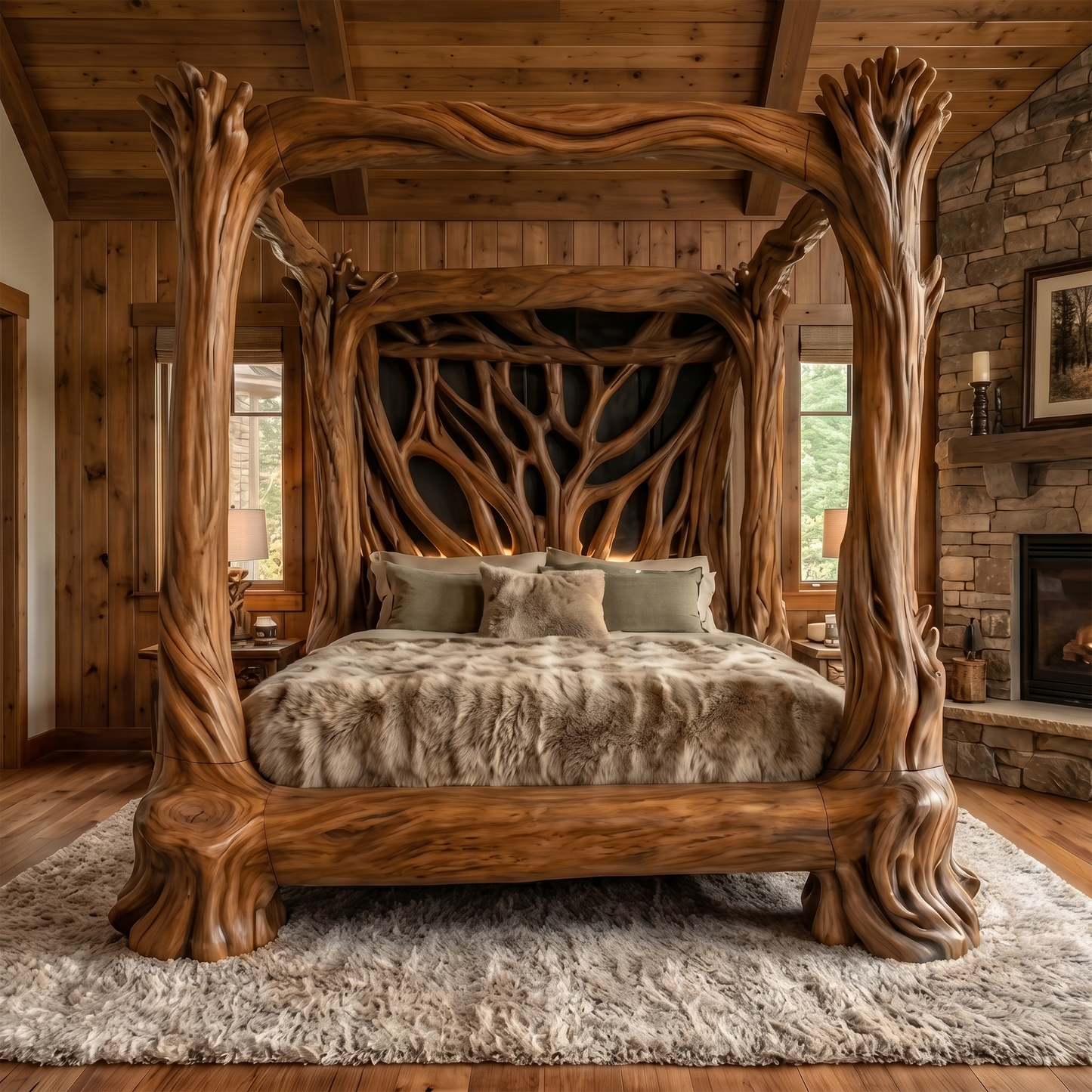 Organic Sculptural Canopy Bed With Handcrafted Tree Branch Wood Frame For Bedroom Decor