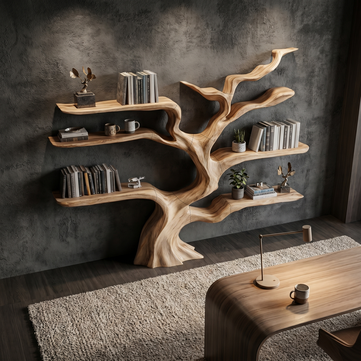 Nature Inspired Tree Bookshelf With Floating Wooden Shelves For Living Room Decor