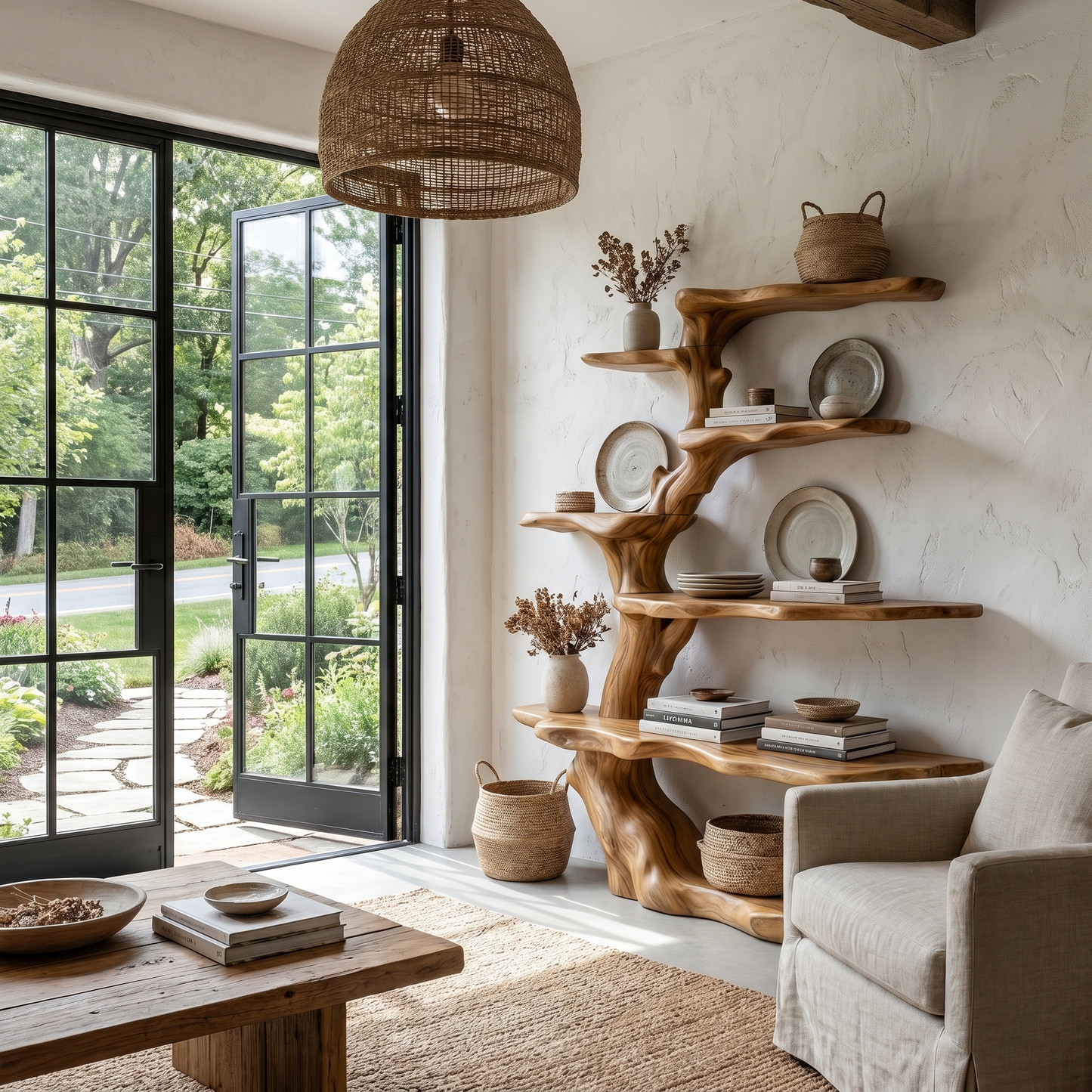 Sculptural Tree Bookshelf Natural Wood Storage For Reading Nook