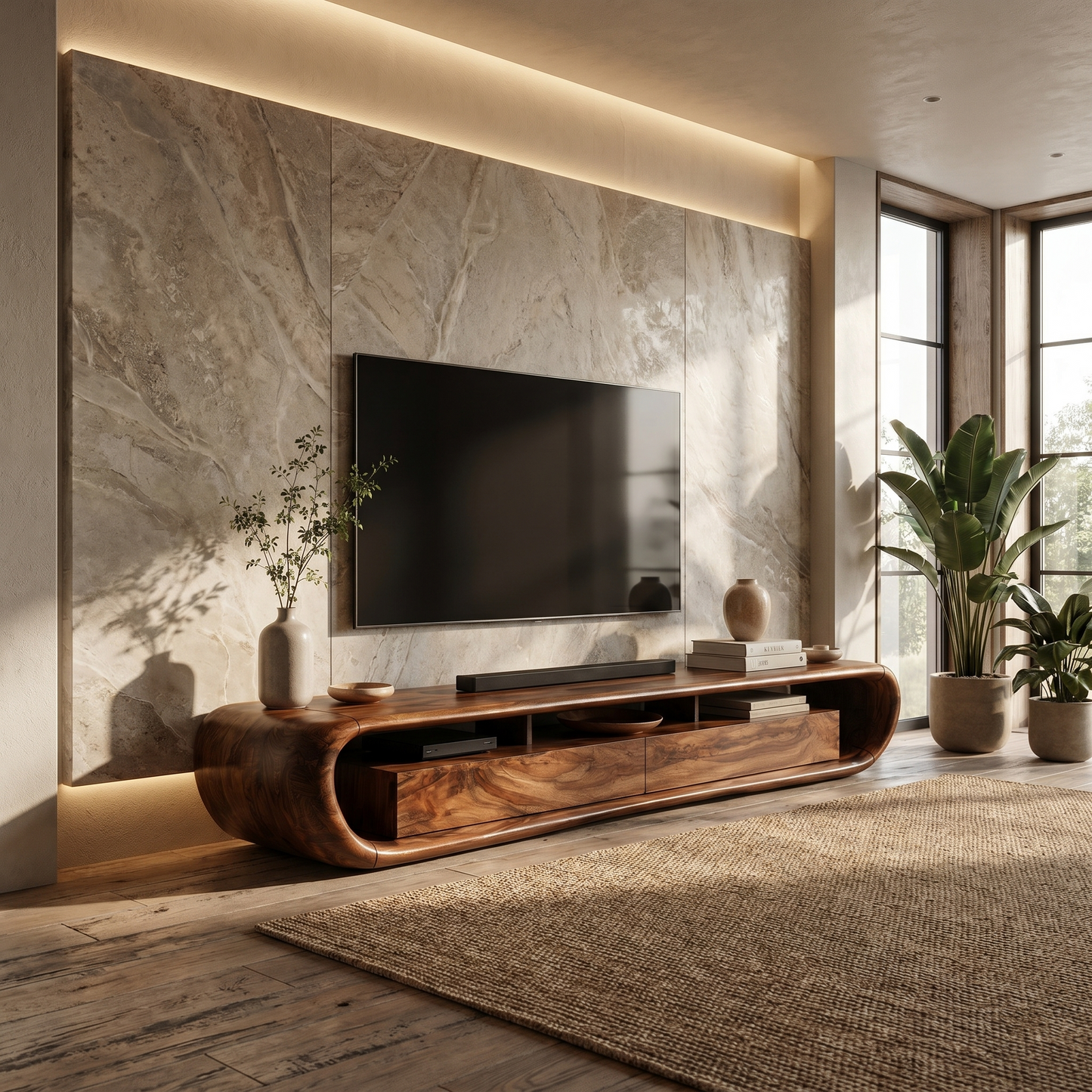 Organic TV Cabinet With Built In Storage And Rounded Curved Edges For Living Room