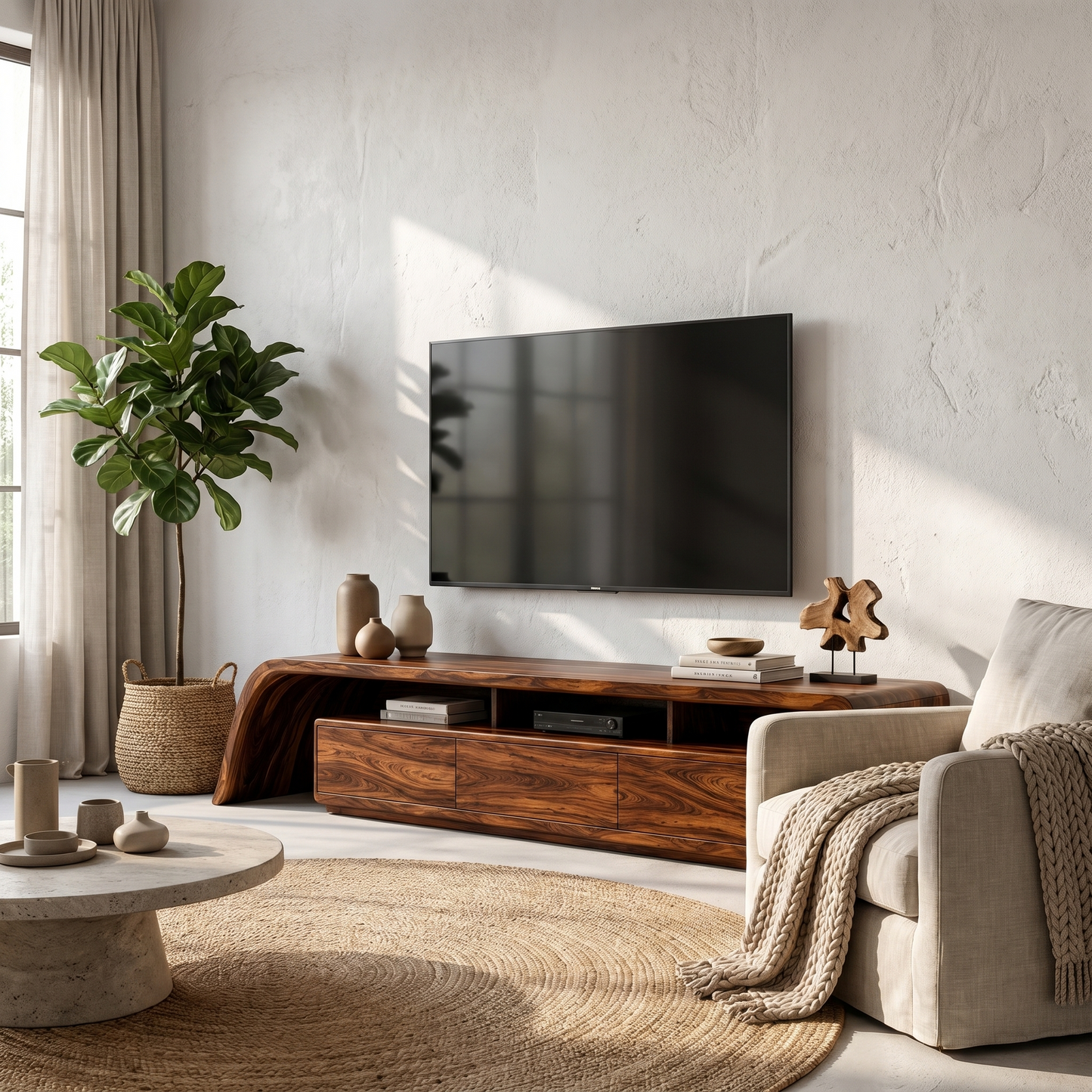 Modern TV Cabinet With Built In Storage And Rounded Curved Edges For Living Room