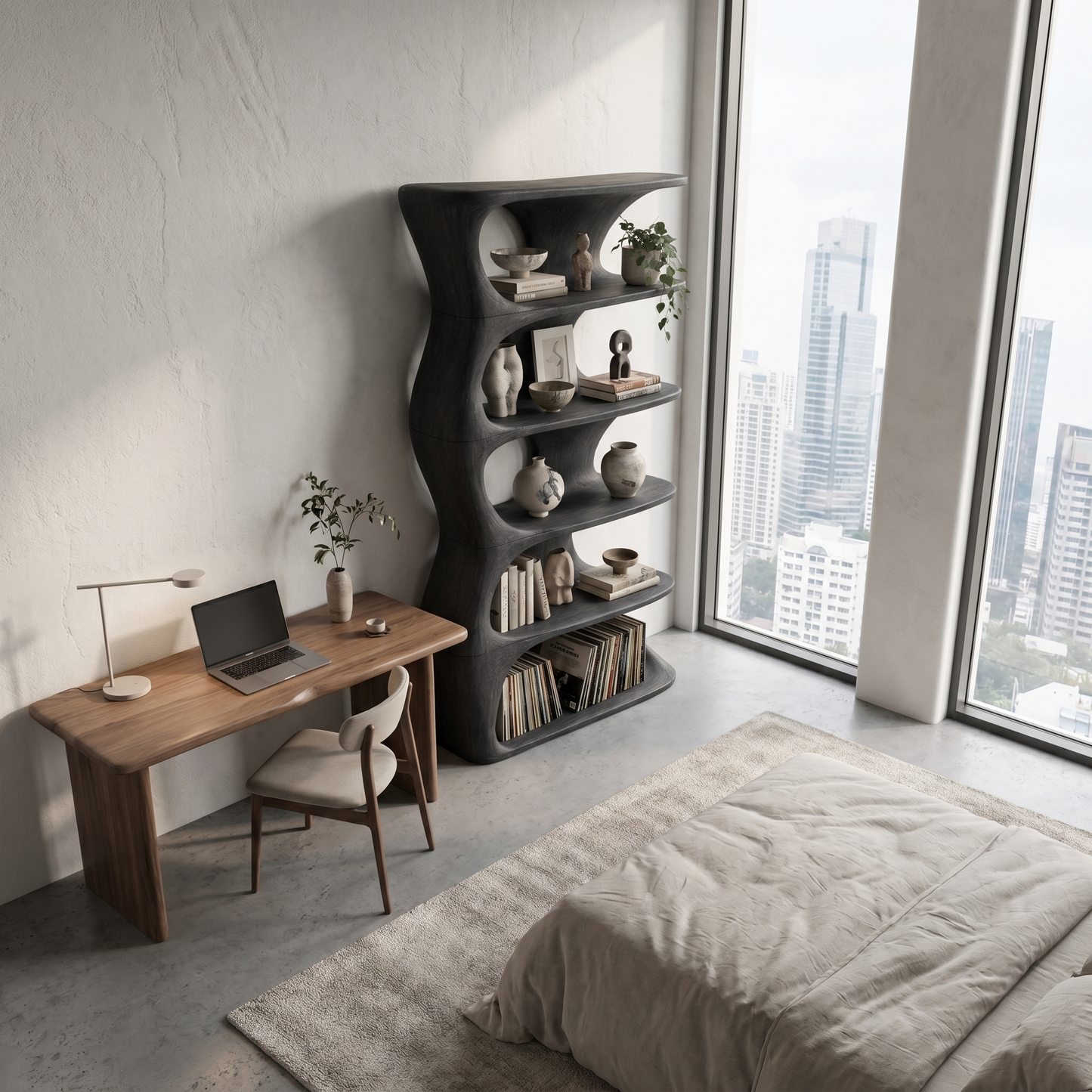 Organic Sculptural Wall Mounted Bookshelf With Curved Floating Shelves For Living Room