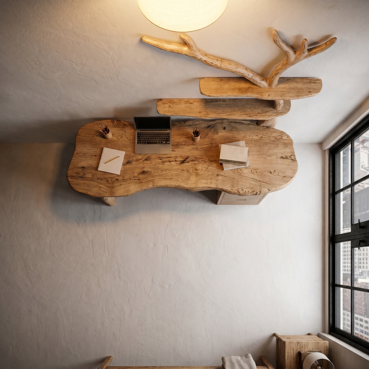 Organic Wooden Desk With Tree Branch Bookshelf And Built In Drawer Storage For Home Office And Workspace