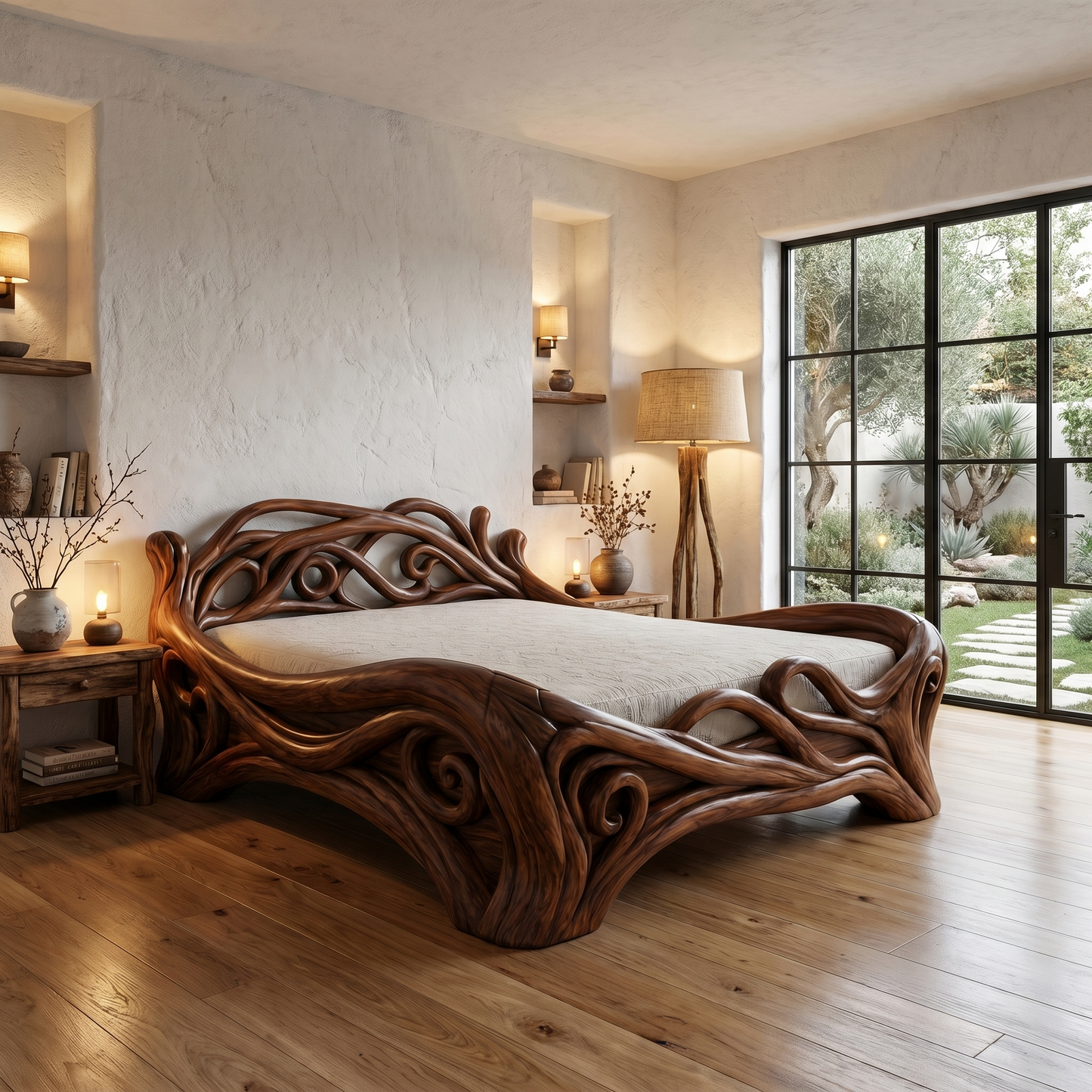 Organic Sculptural Bed Frame With Flowing Root Inspired Wood Design For Bedroom