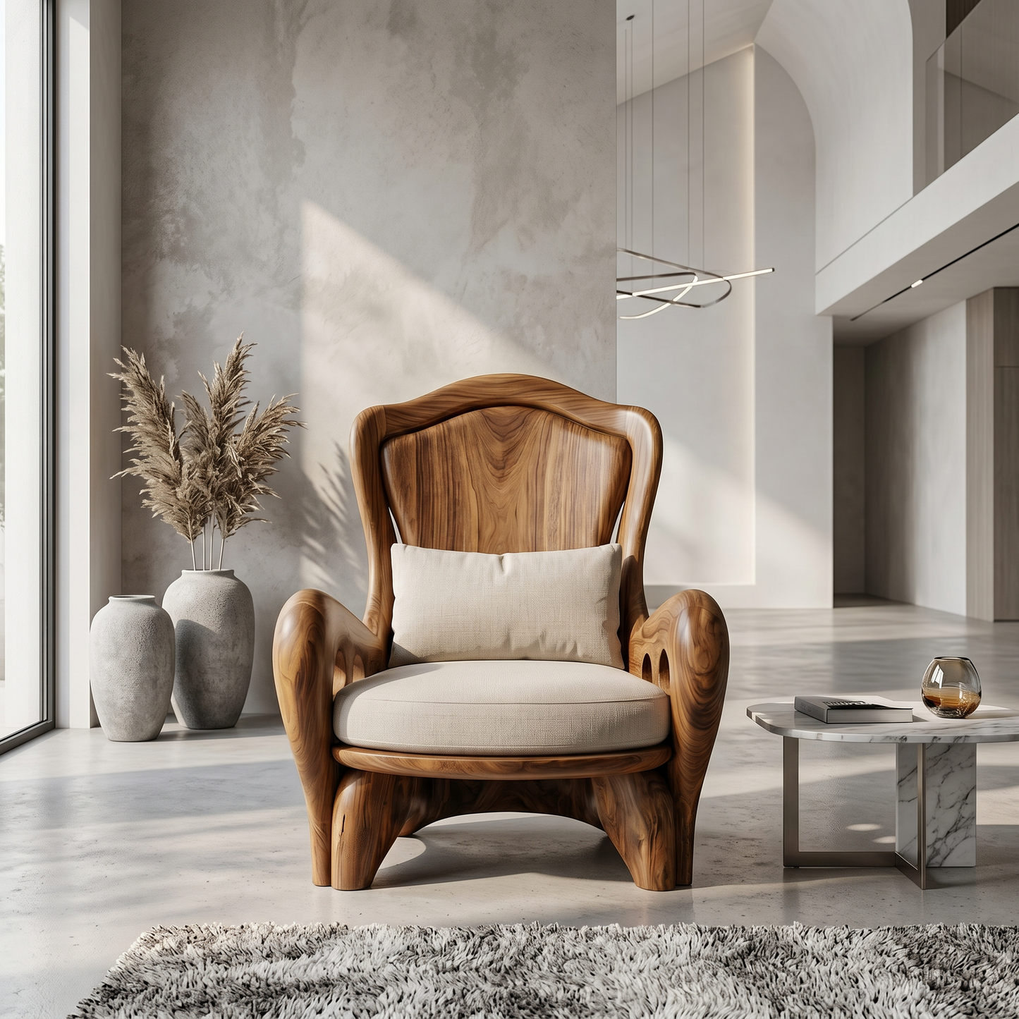 Organic Armchair With Sculptural Wood Frame For Living Room And Reading Nook