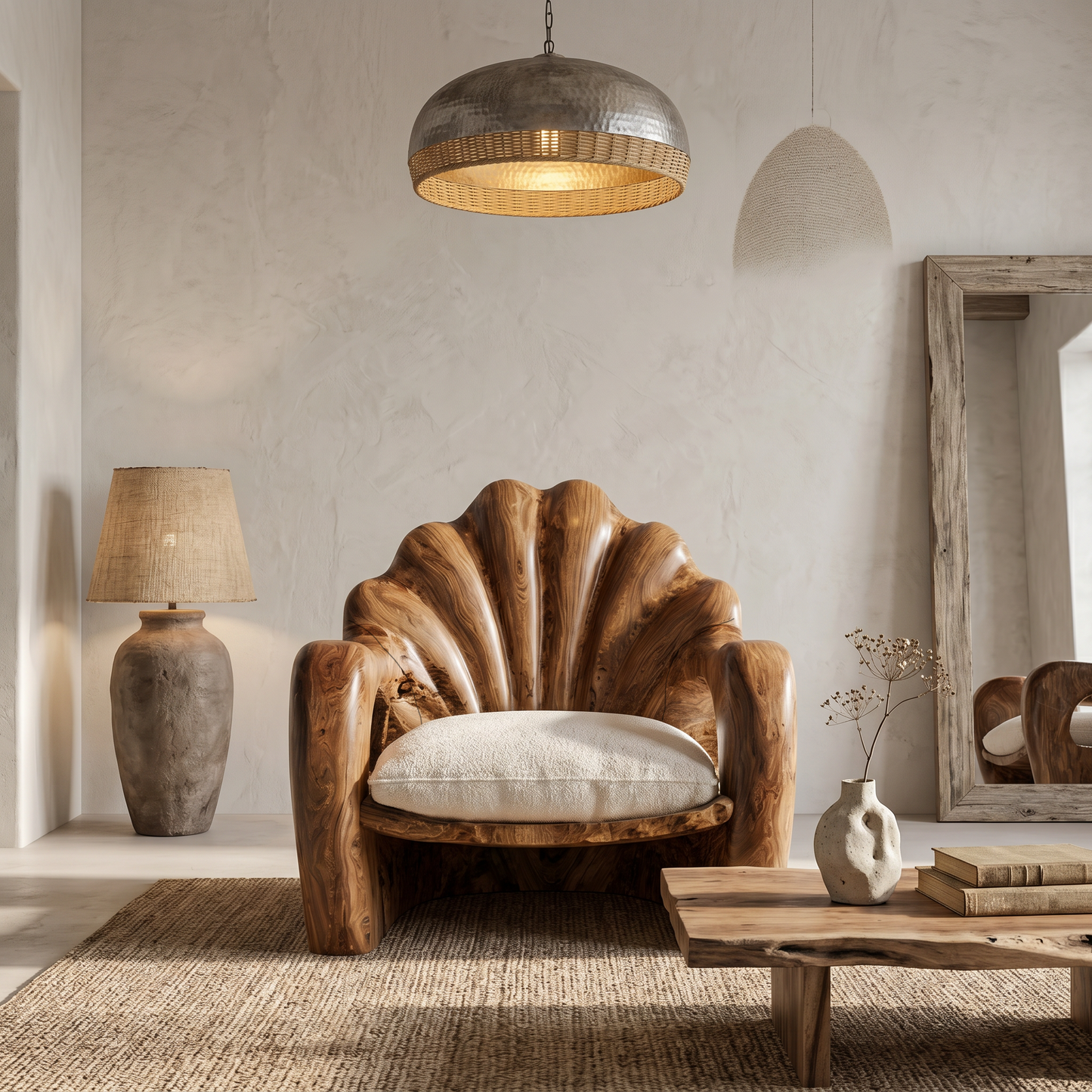 Rustic Armchair With Sculptural Solid Wood Frame For Living Room