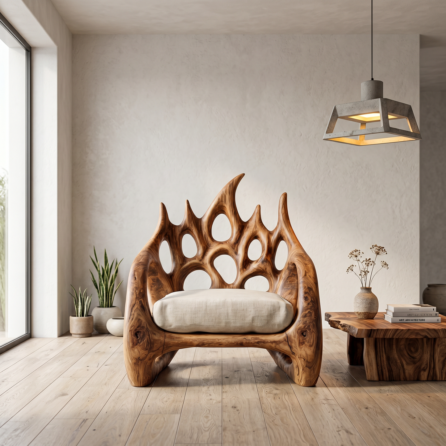 Contemporary Armchair With Organic Wood Silhouette For Living Room Decor