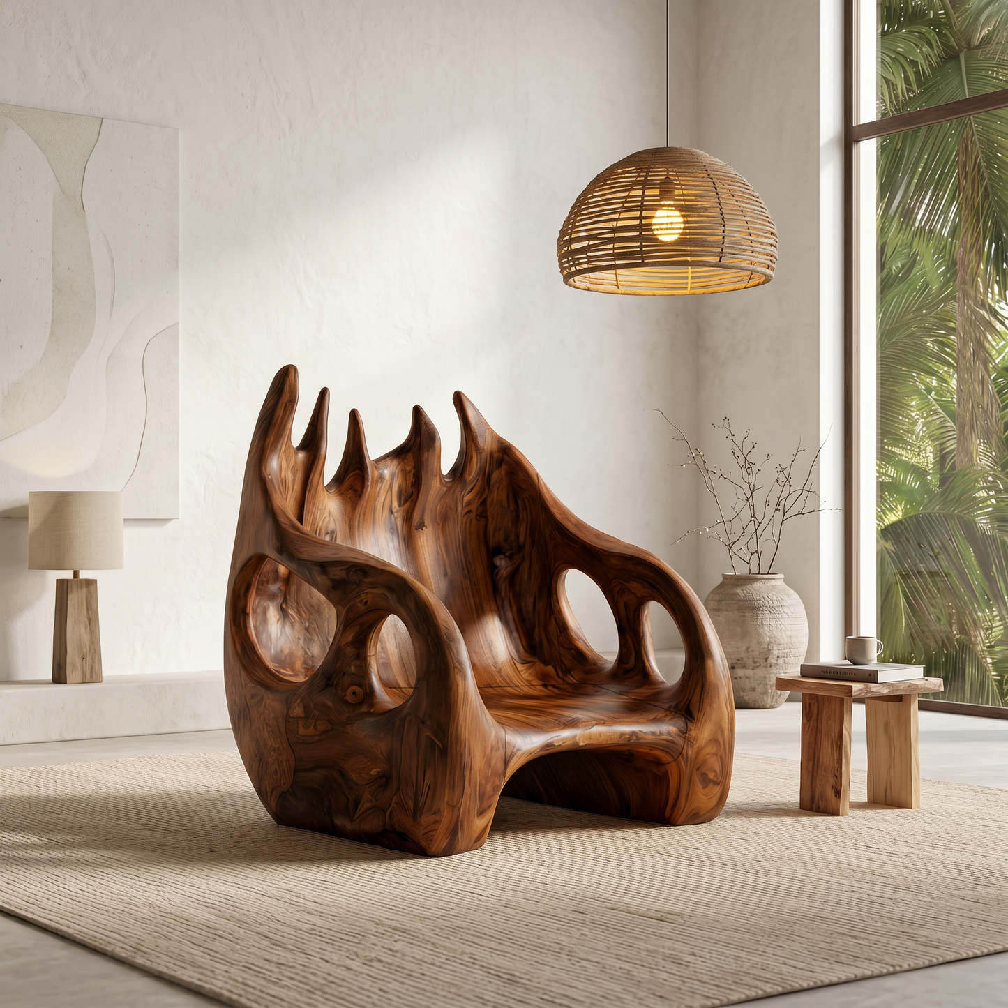 Nature Inspired Armchair With Handcrafted Wooden Structure For Living Room
