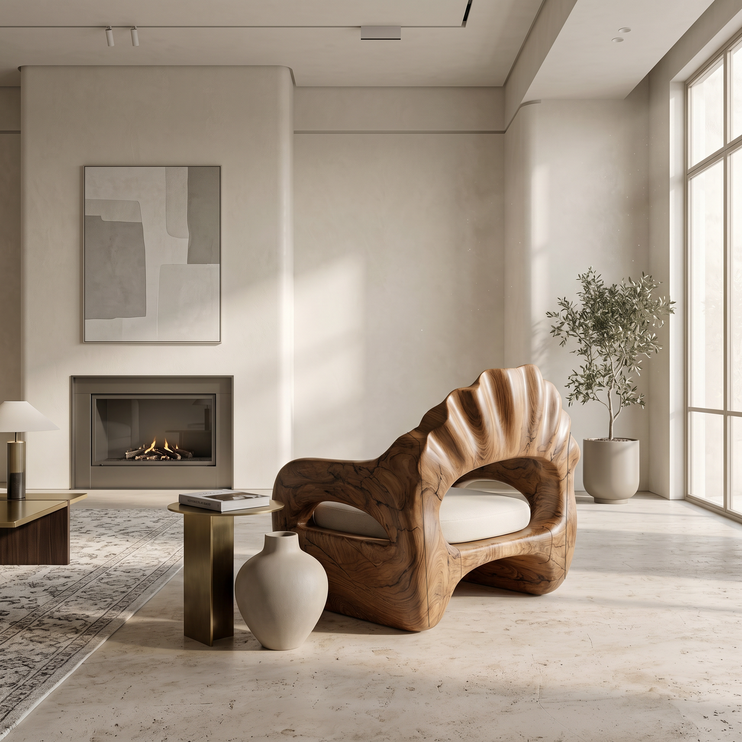 Sculptural Lounge Chair With Handcrafted Wooden Structure For Living Room