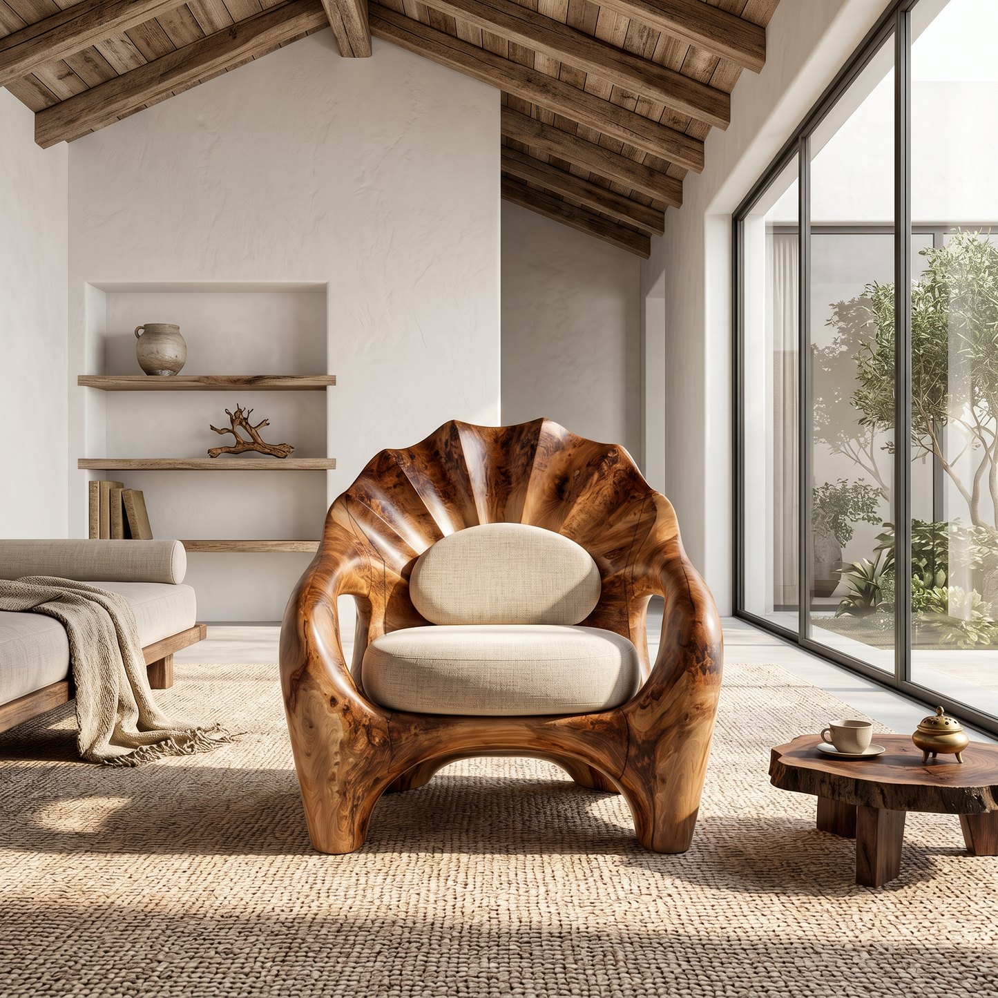 Nature Inspired Armchair With Sculptural Solid Wood Frame For Living Room And Bedroom