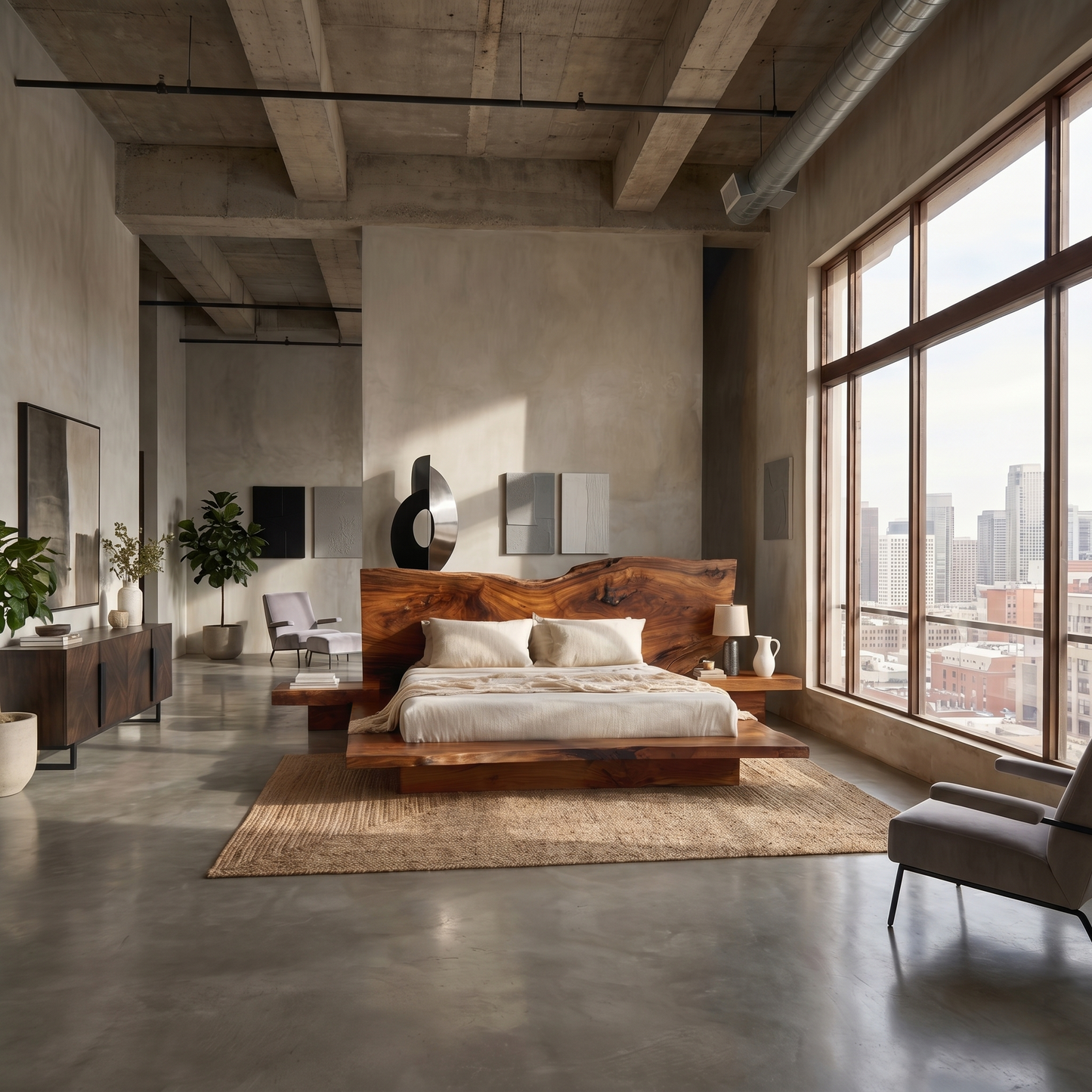 Rustic Live Edge Bed Frame With Sculptural Headboard For Bedroom