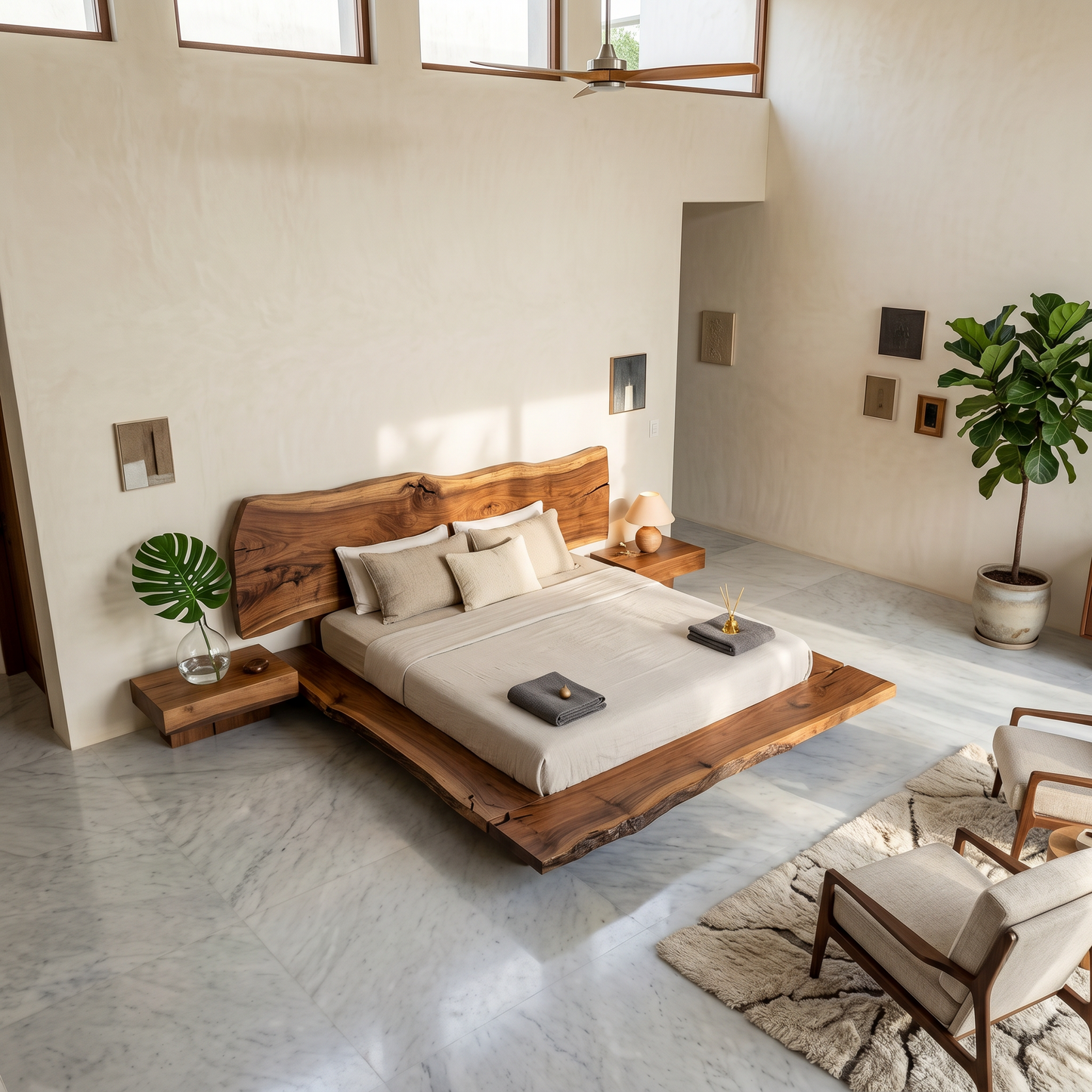 Organic Sculptural Bed Frame With Handcrafted Solid Wood Headboard And Floating Platform Design For Bedroom