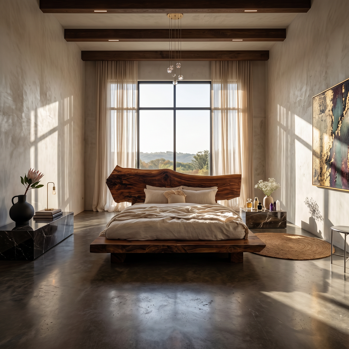 Rustic Bed Frame With Natural Wood Headboard For Bedroom