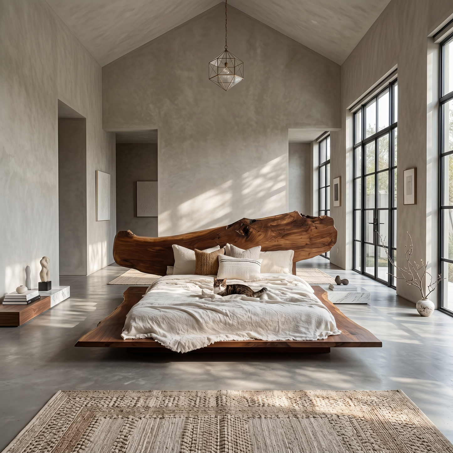 Luxury Organic Bed Frame With Sculptural Solid Wood Headboard And Floating Platform Design For Bedroom