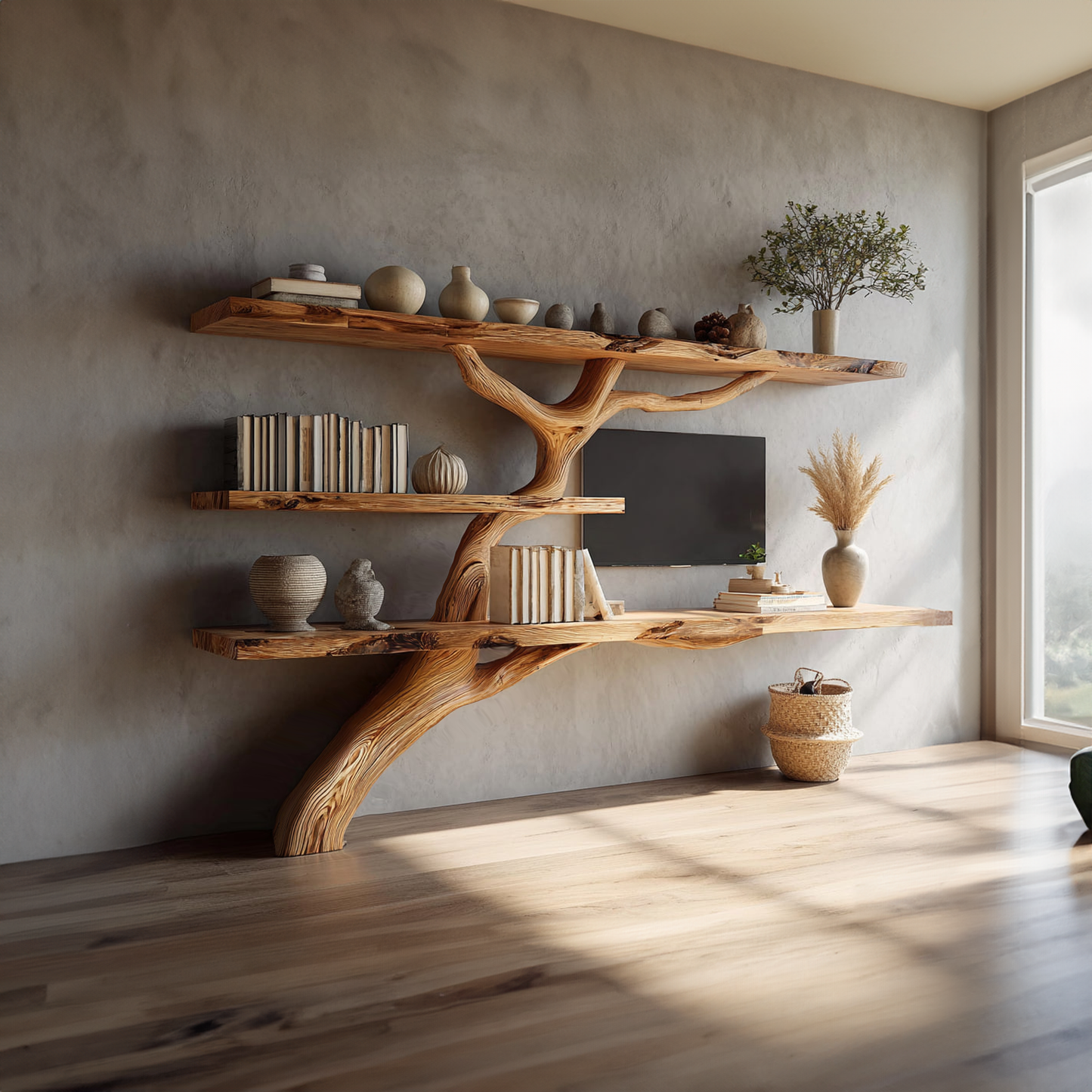 Rustic Tree TV Console Living Room Bedroom Wall Display