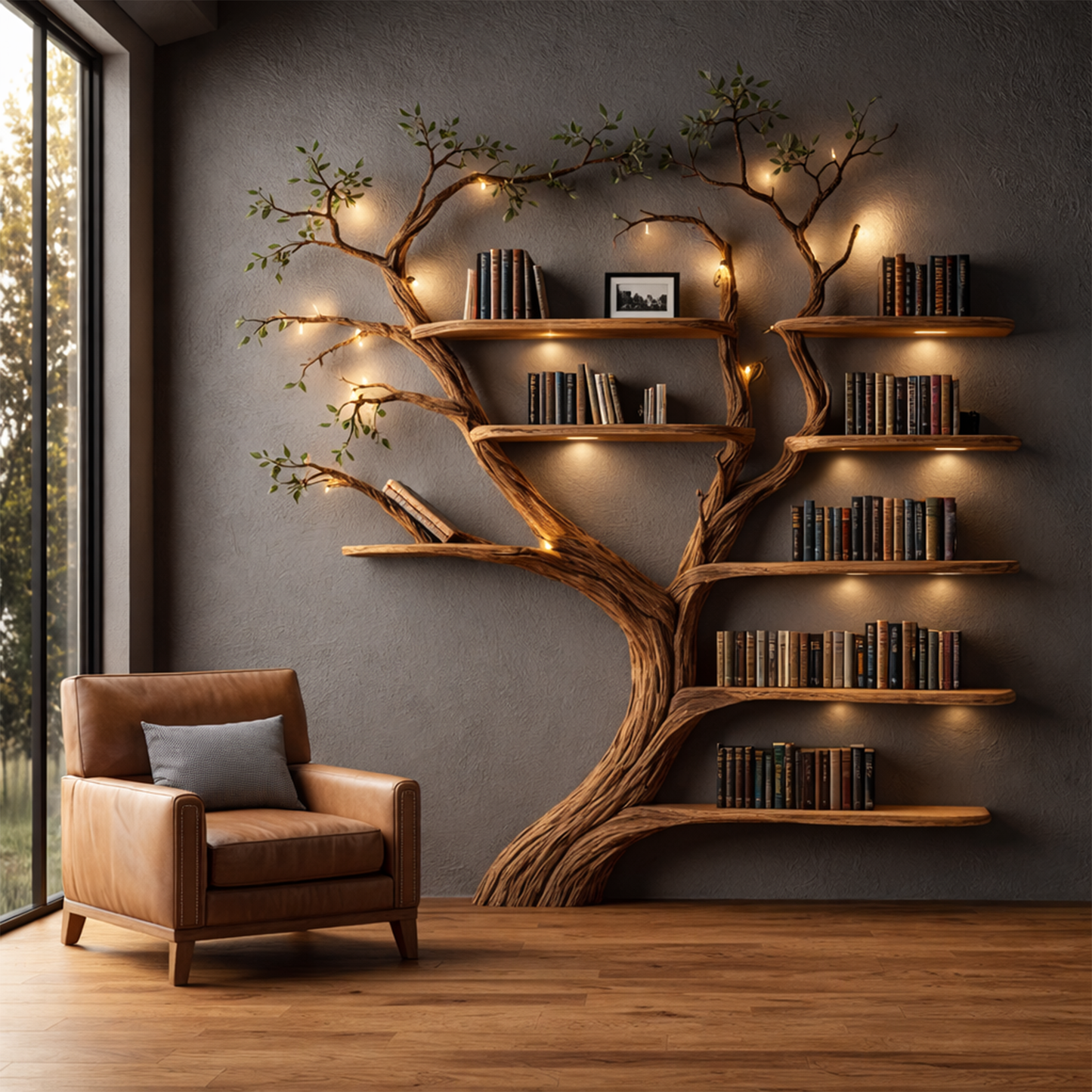Rustic Organic Tree Bookshelf Handcrafted Wall Art For Home