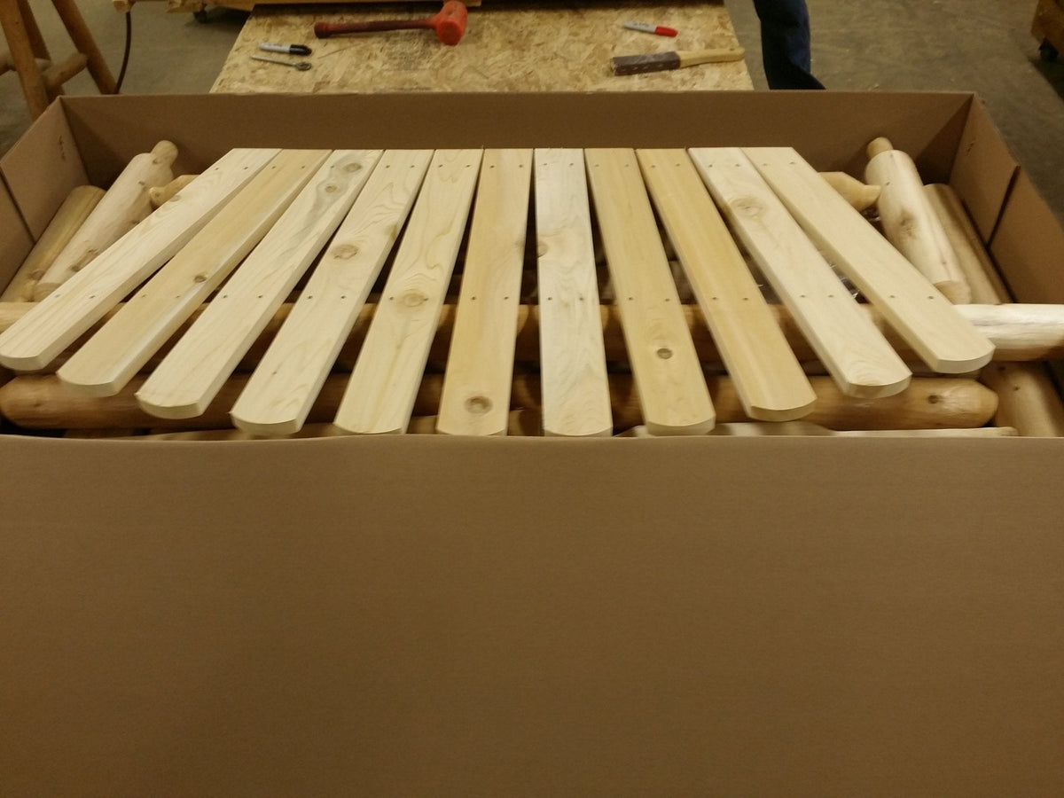 Pre-assembled parts of a front door bench outdoor, securely packed for easy shipping