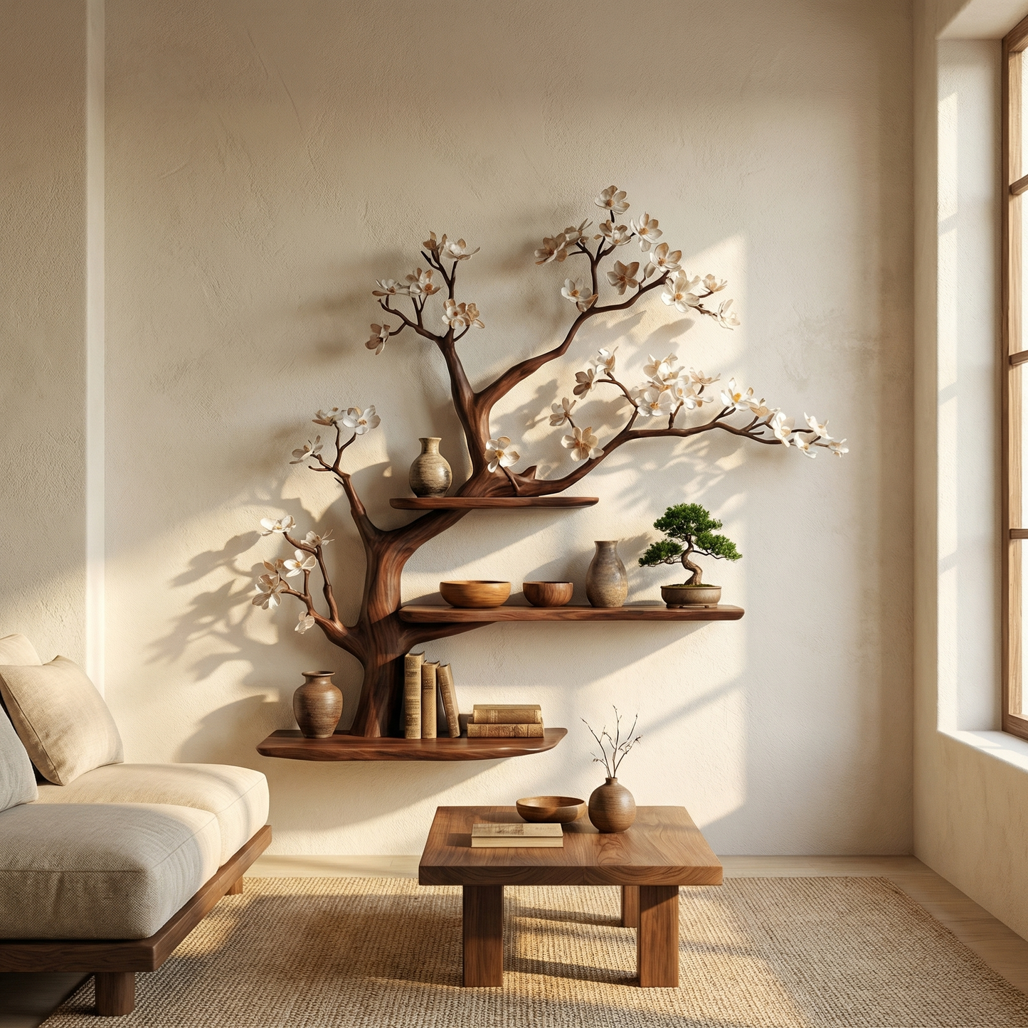 Modern Rustic Tree Shelf Solid Wood Wall Display Home Decor