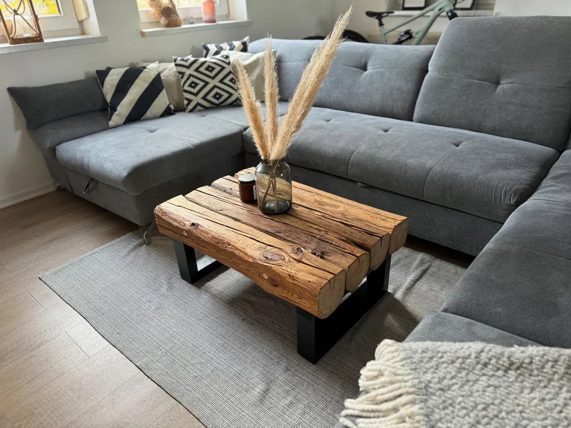 Handcrafted wooden coffee table for living room, made from beams, reclaimed wood, rustic, country style, industrial, solid wood, handmade, upcycled