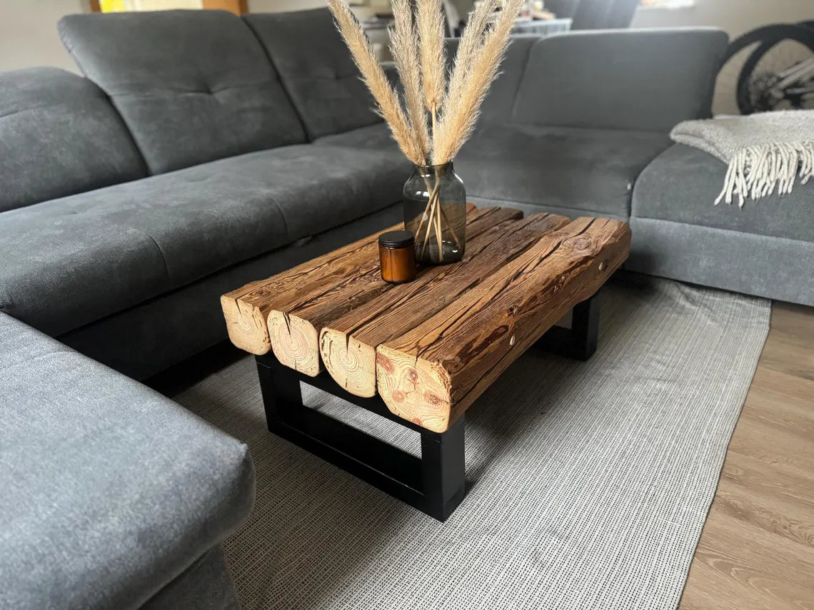 Handcrafted wooden coffee table for living room, made from beams, reclaimed wood, rustic, country style, industrial, solid wood, handmade, upcycled