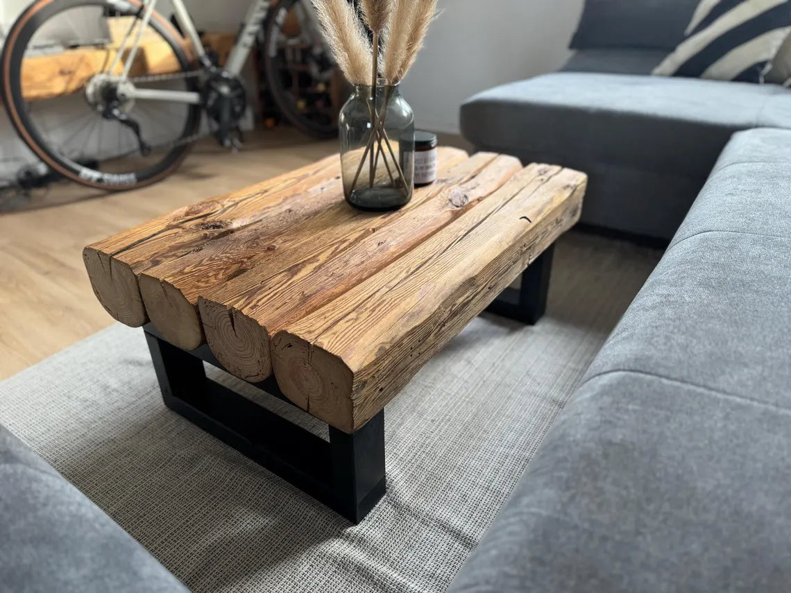 Handcrafted wooden coffee table for living room, made from beams, reclaimed wood, rustic, country style, industrial, solid wood, handmade, upcycled