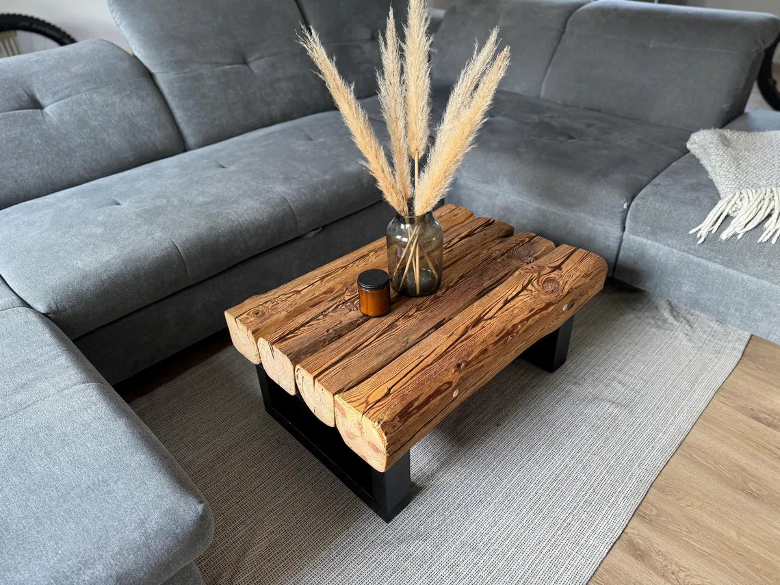 Handcrafted wooden coffee table for living room, made from beams, reclaimed wood, rustic, country style, industrial, solid wood, handmade, upcycled