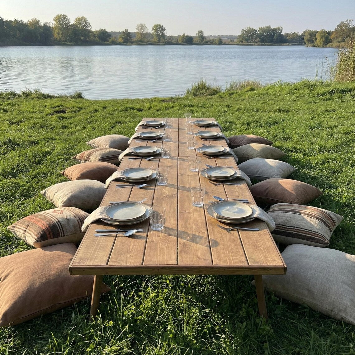 Japanese Low Table, Wood Foldable Table, Handcrafted Table, Portable Picnic Table, Outdoor Low Seat Table, 80"x28" Party Table, Boho Table
