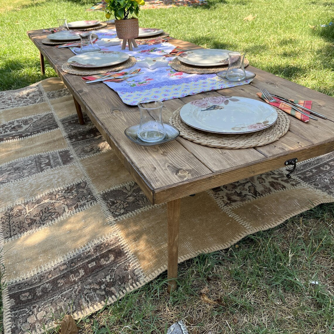 Japanese Low Table, Wood Foldable Table, Handcrafted Table, Portable Picnic Table, Outdoor Low Seat Table, 80"x28" Party Table, Boho Table