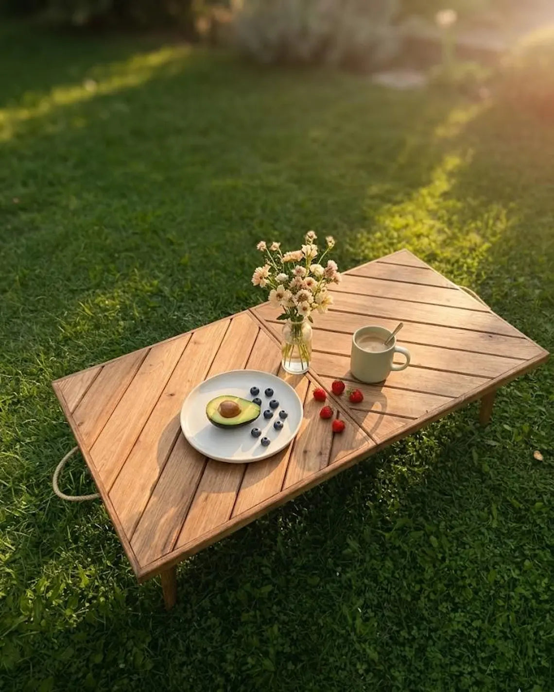 Folding Wooden Picnic Table – Portable Low Table 44x22 Inch Handmade