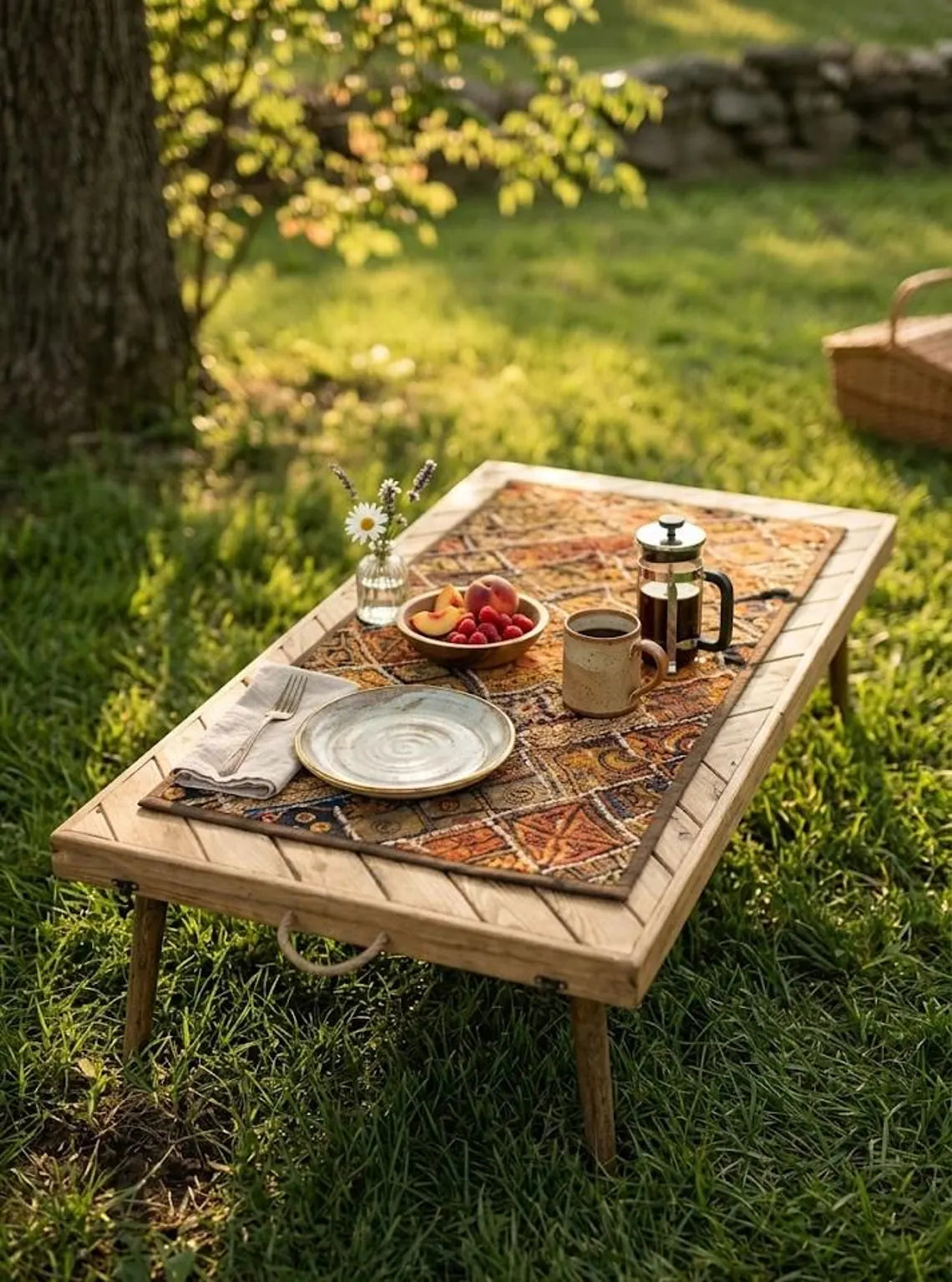 Folding Wooden Picnic Table – Portable Low Table 44x22 Inch Handmade