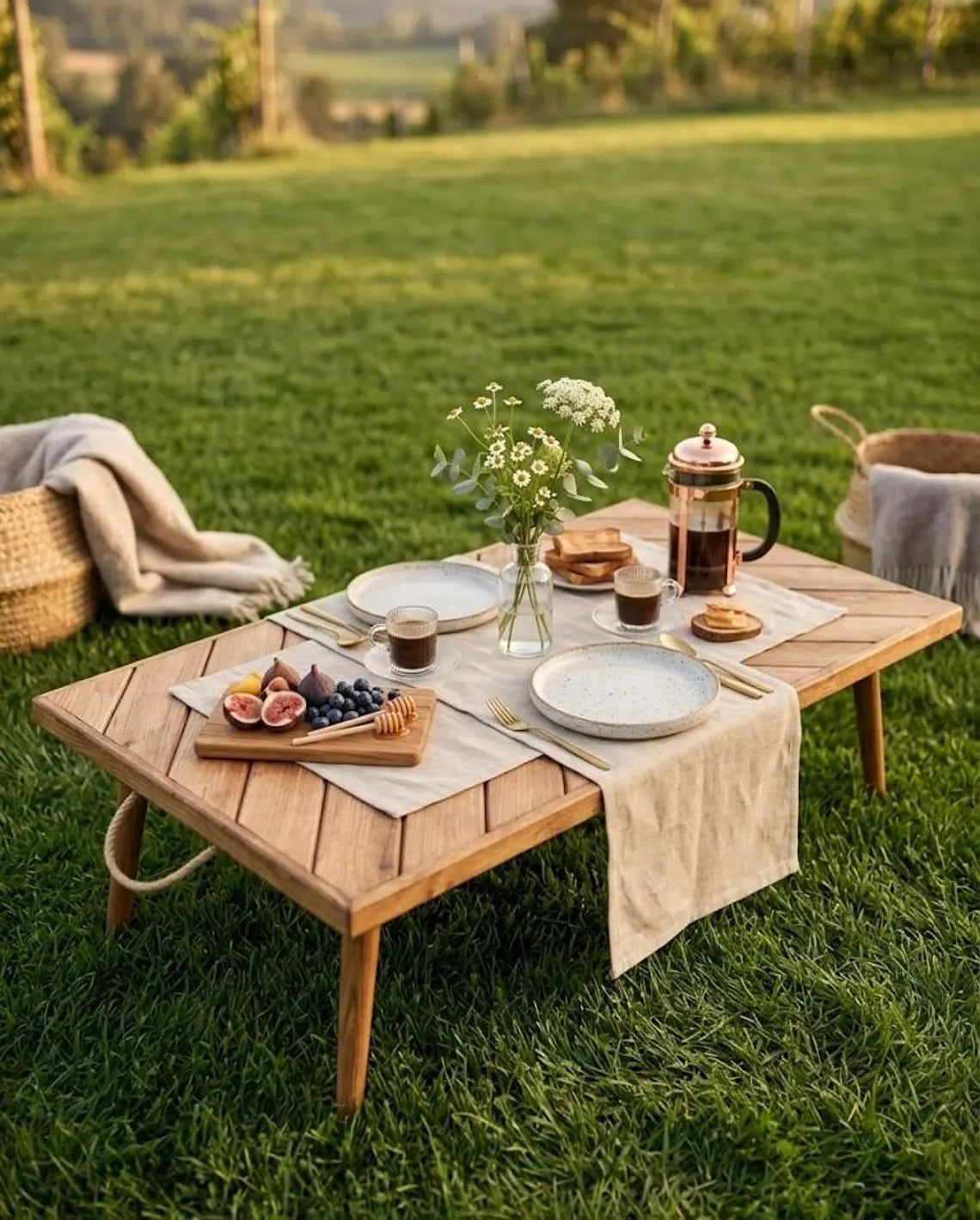 Folding Wooden Picnic Table – Portable Low Table 44x22 Inch Handmade